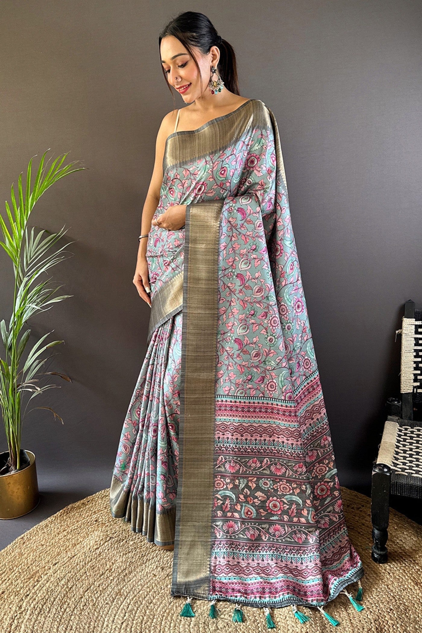 Stone Grey Printed Tussar Silk Saree