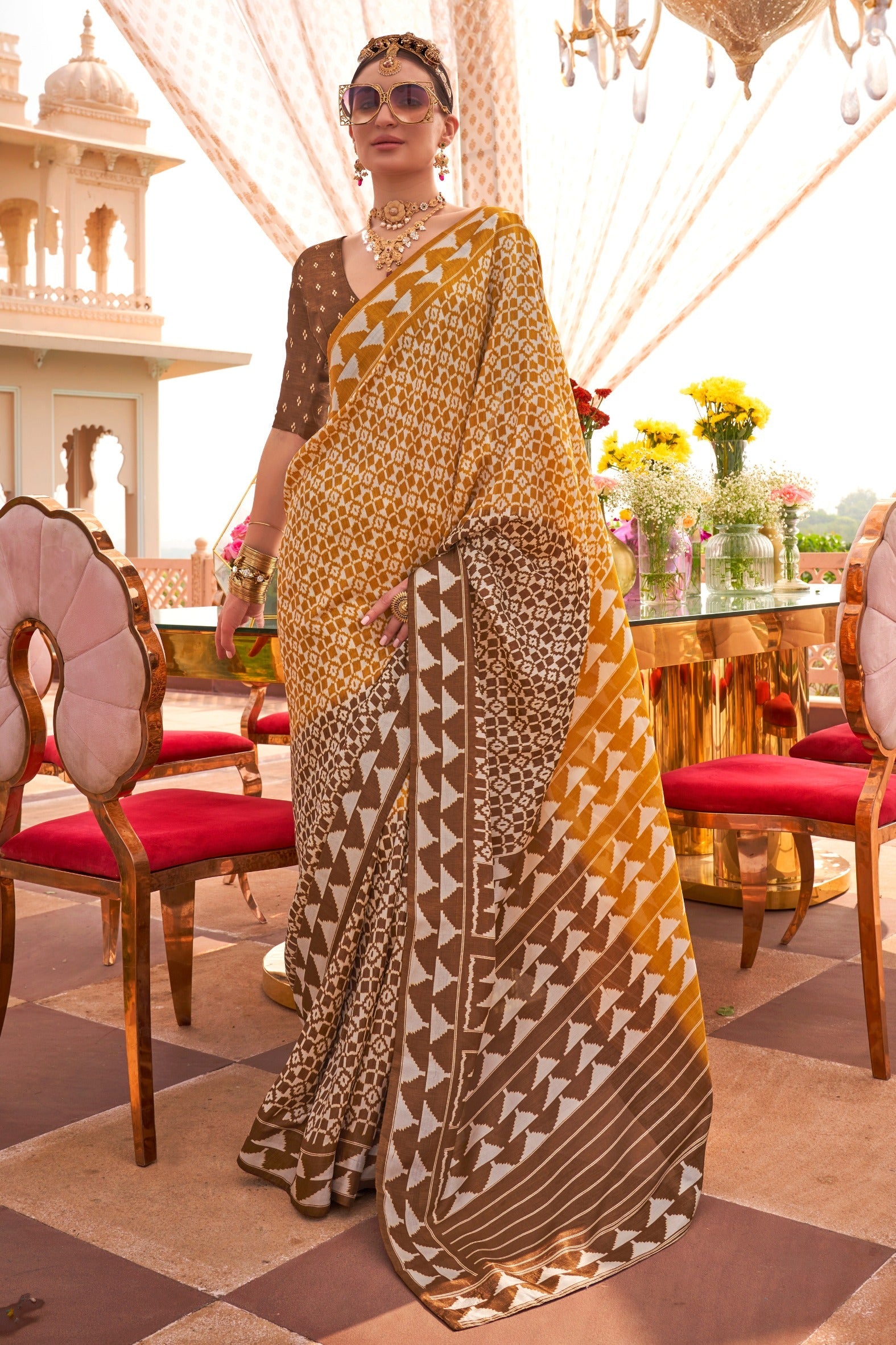 Pale Copper Yellow Printed Patola Saree