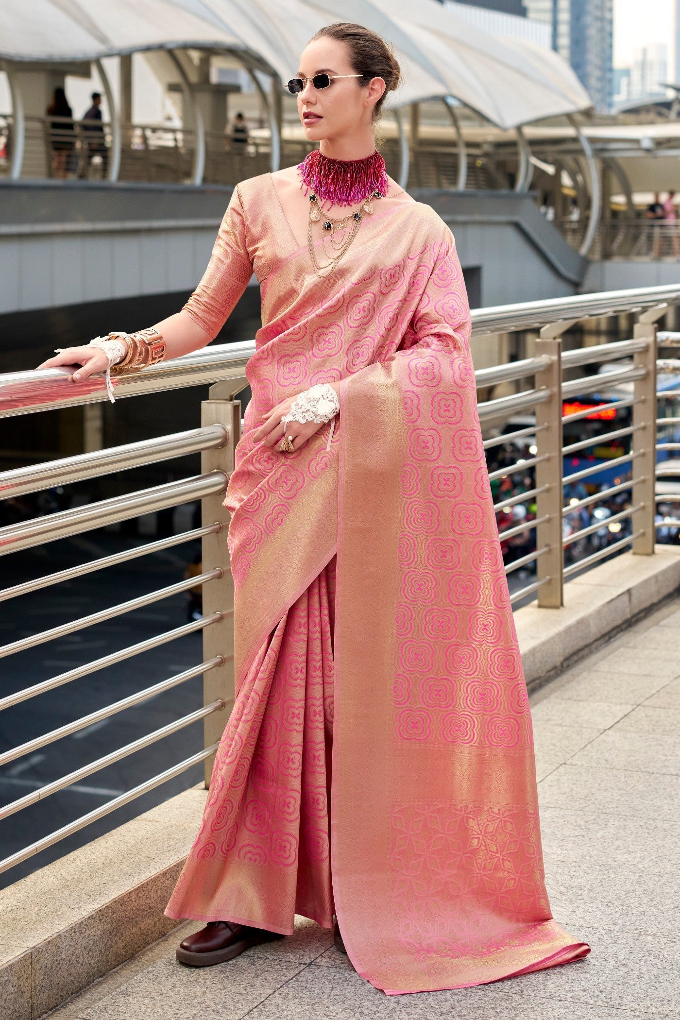 Sweet Pink Handloom Kanjivaram Saree