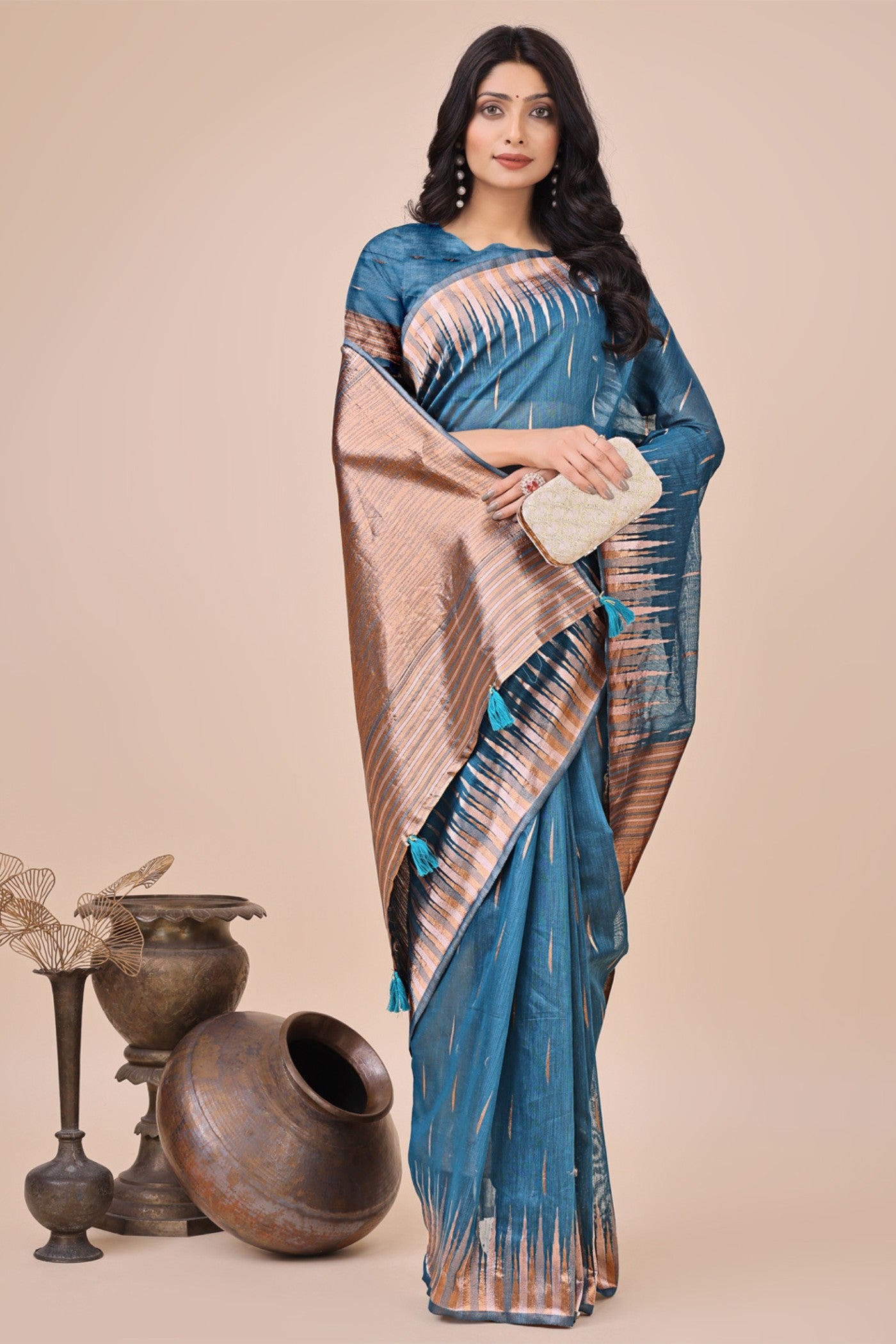 Cyan Blue Linen Cotton Saree