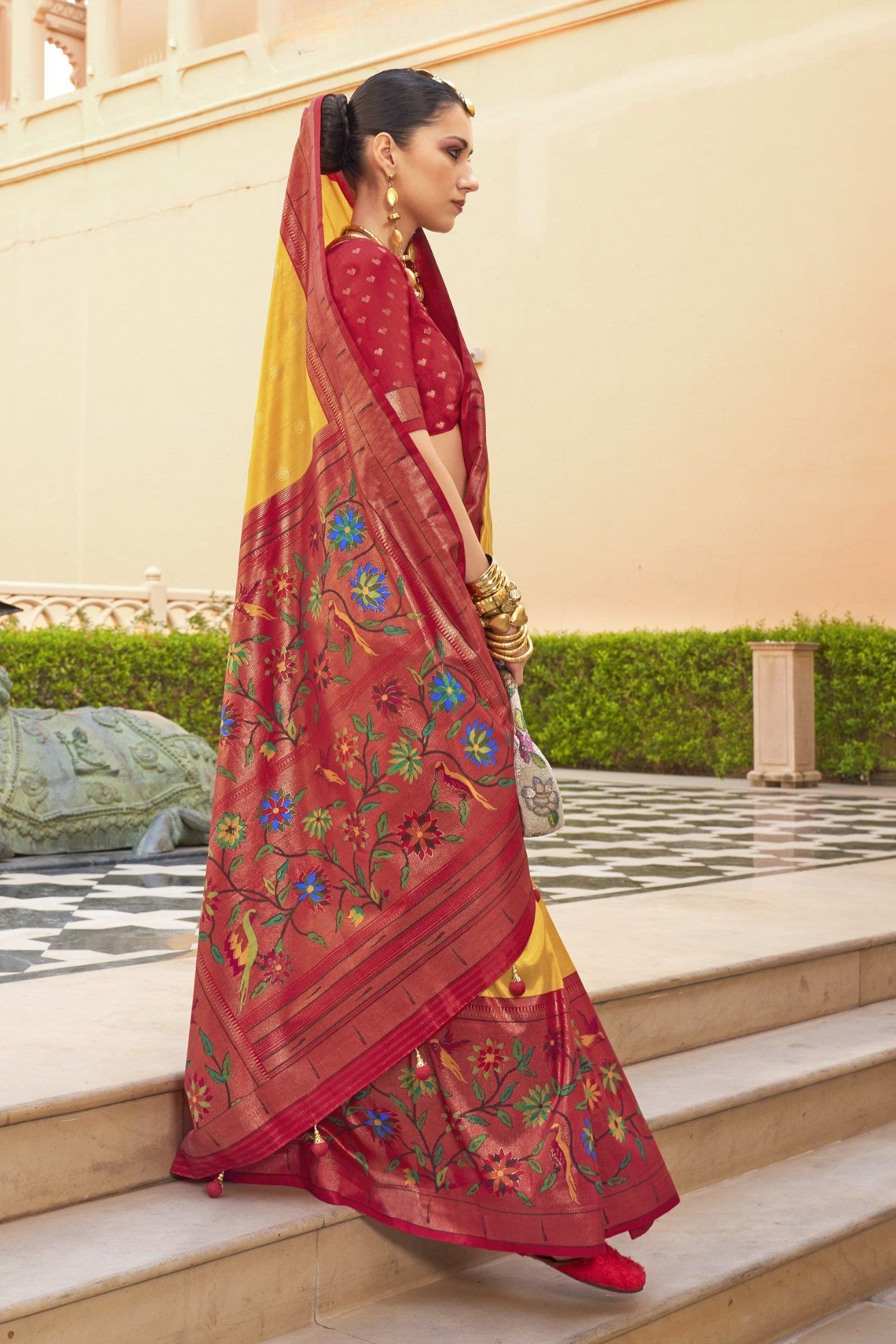 Mustterd Yellow and Red Woven Paithani Designer Saree