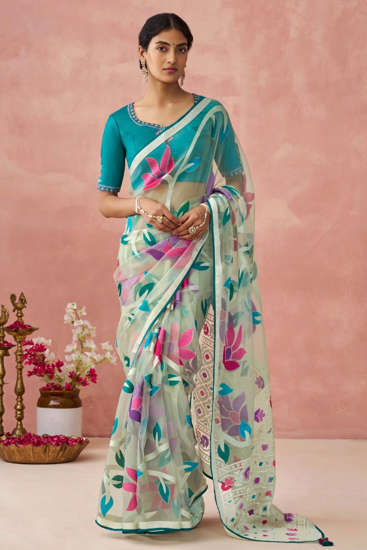 Elm Blue and White Brasso Organza Printed Saree