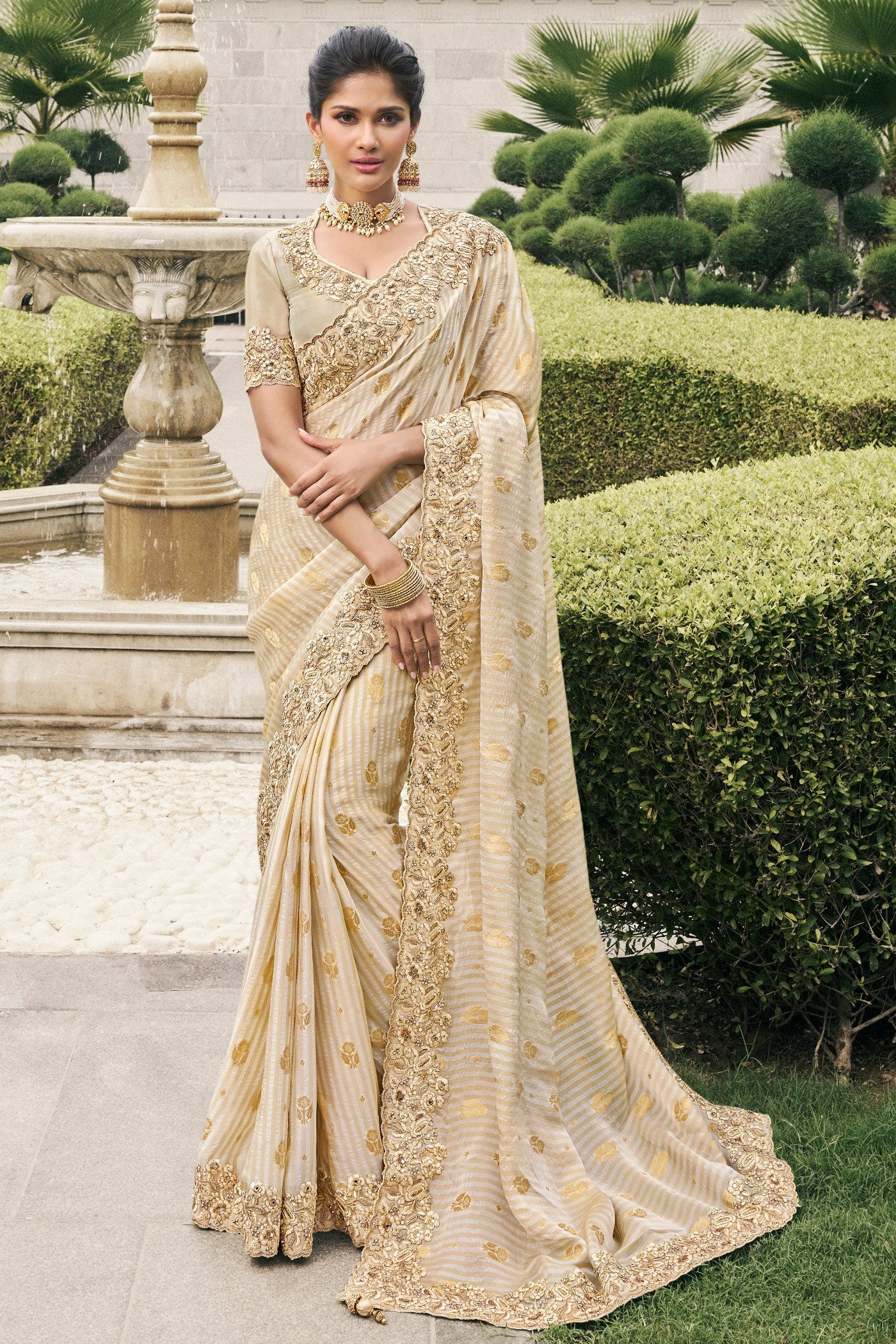 Cameo Cream Banarasi Designer Embroidered Saree