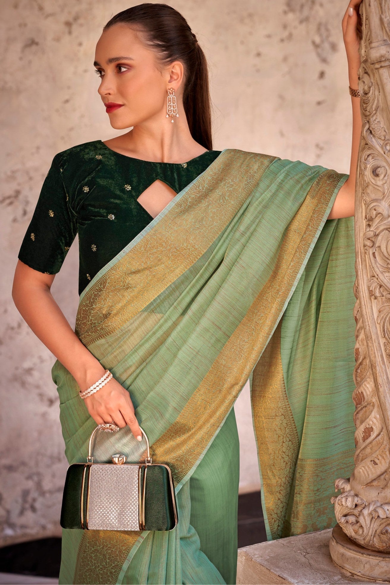 Axolotl Green Zari Woven Linen Saree