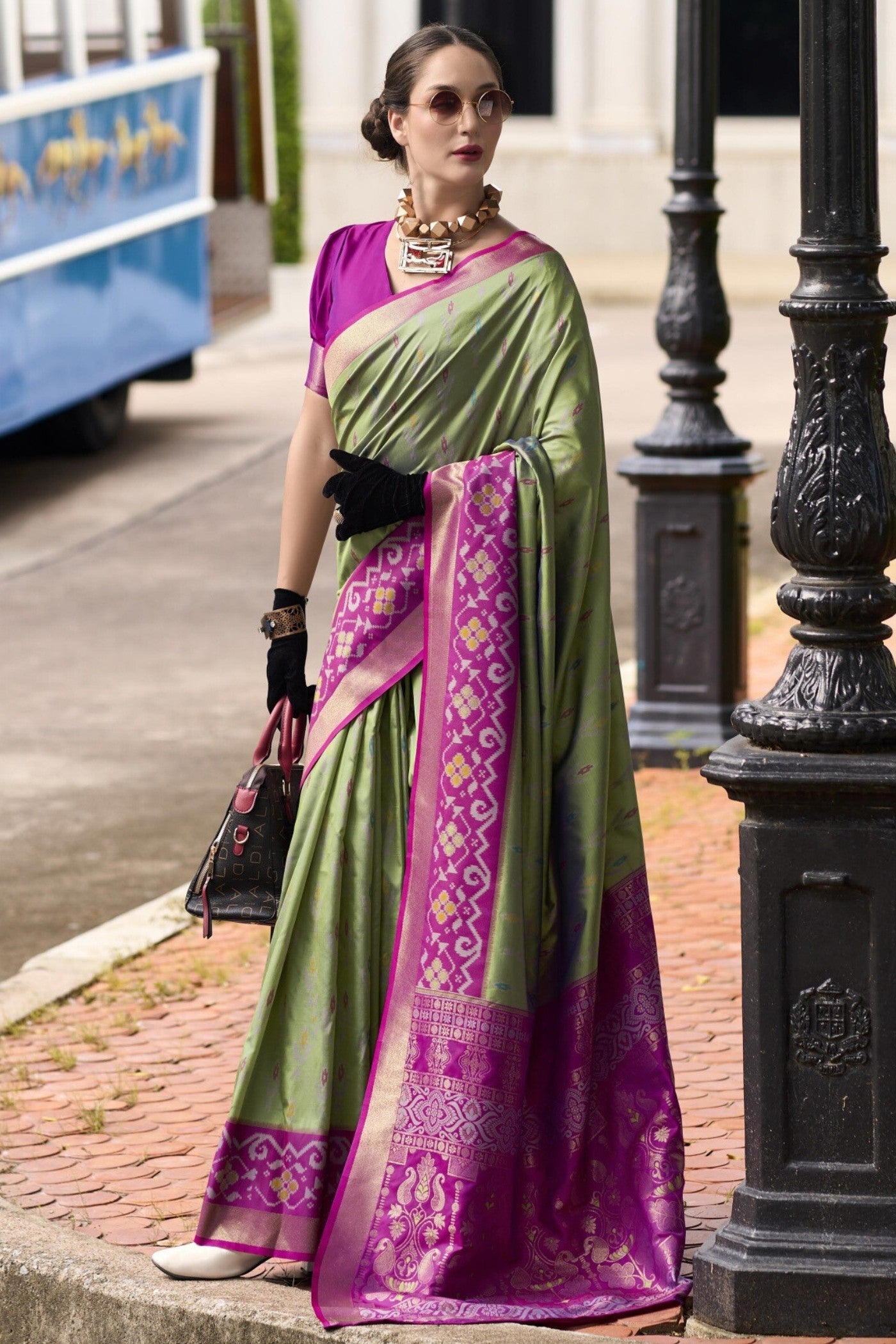 Avocado Green Woven Banarasi Soft Silk Saree