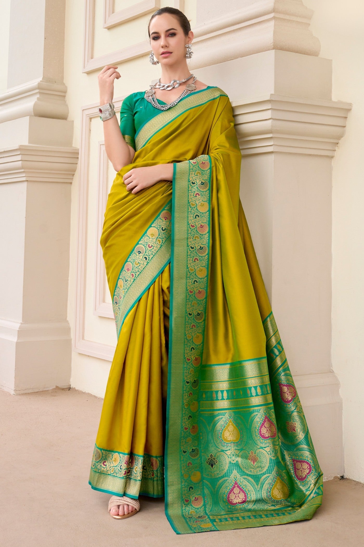 Galliano Green Woven Banarasi Soft Silk Saree