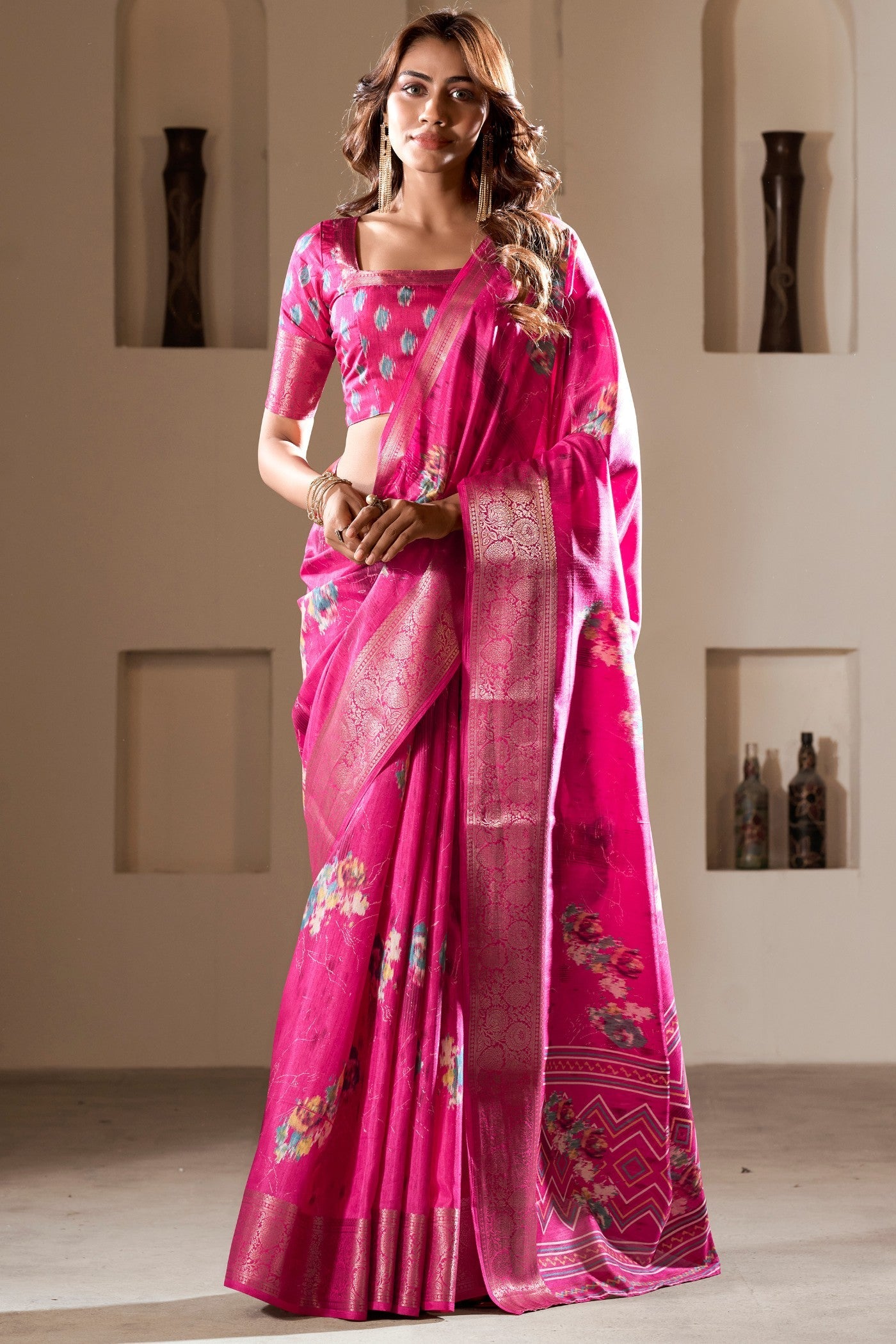 Cherry Pink Printed Soft Dola Silk Saree