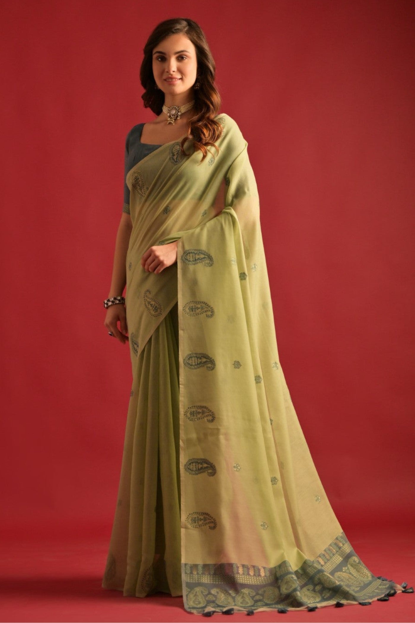 Pista Green Woven Mul Cotton Saree