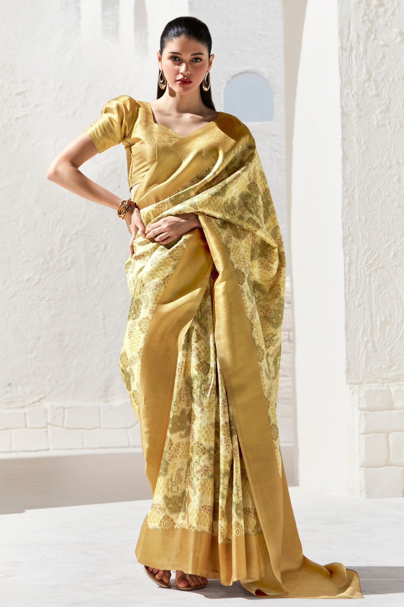 New Orleans Yellow Banarasi Digital Printed Saree