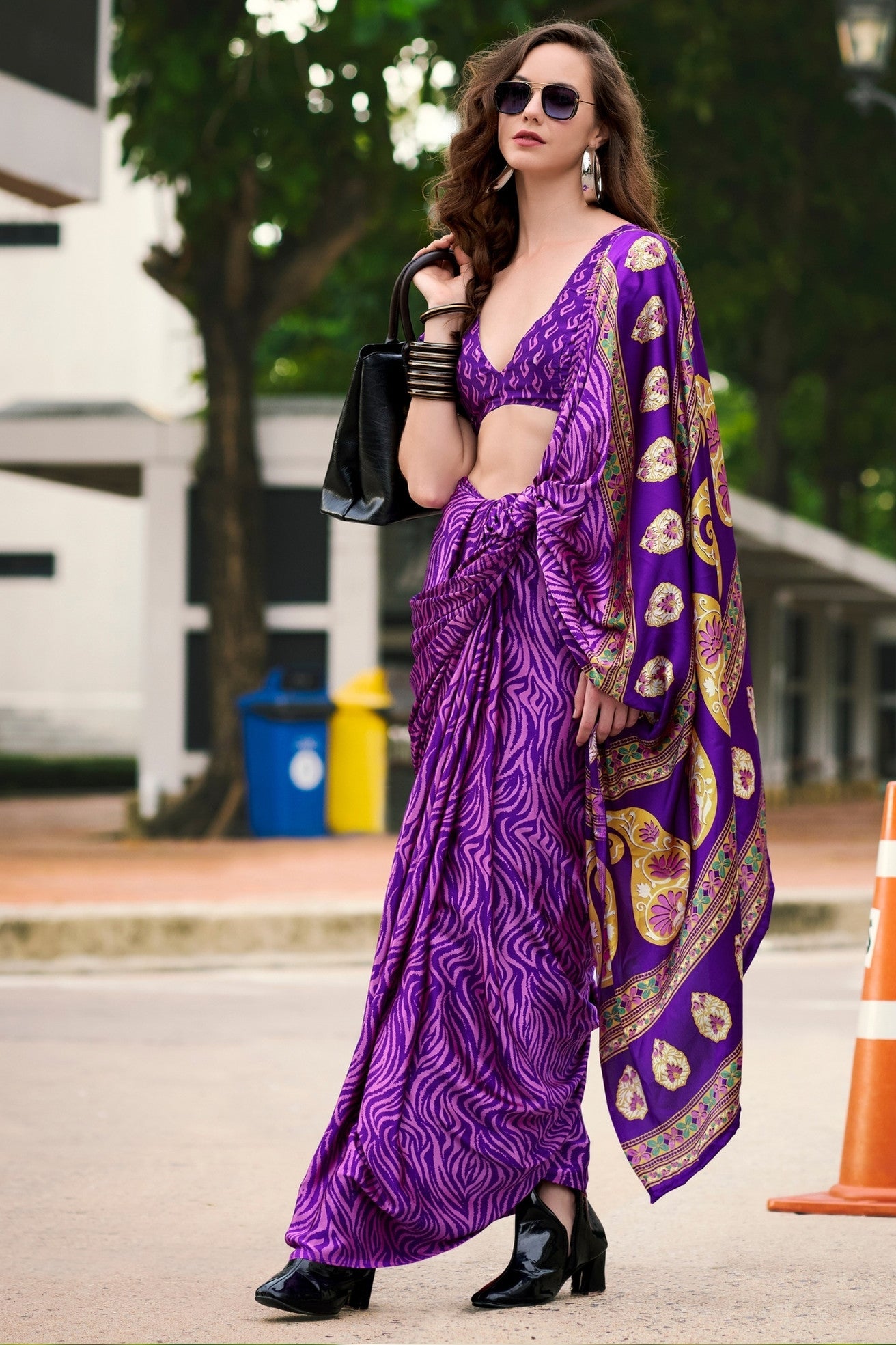 Violet Purple Printed Satin Crepe Saree