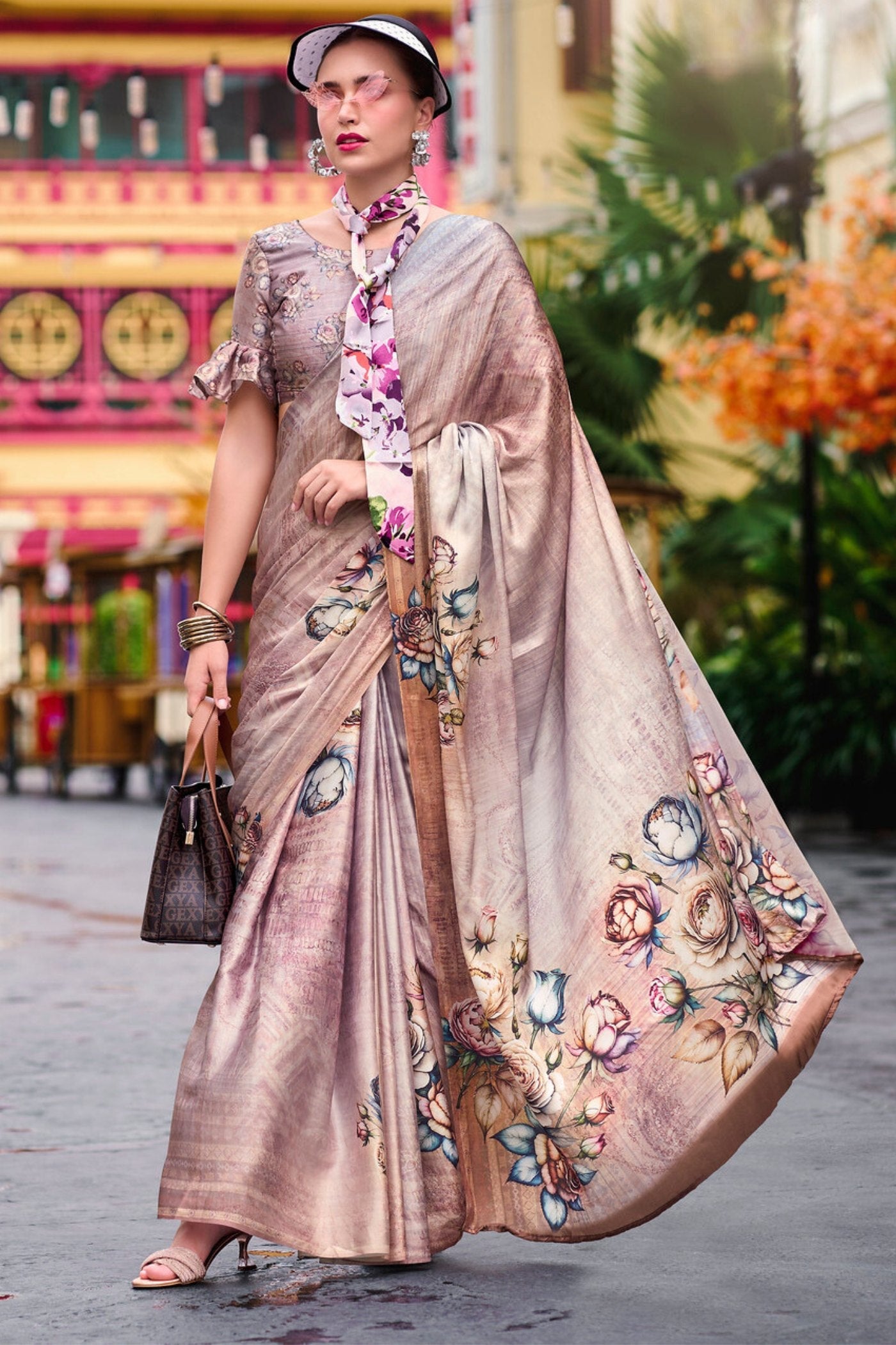 Quicksand Brown Printed Satin Crepe Silk Saree