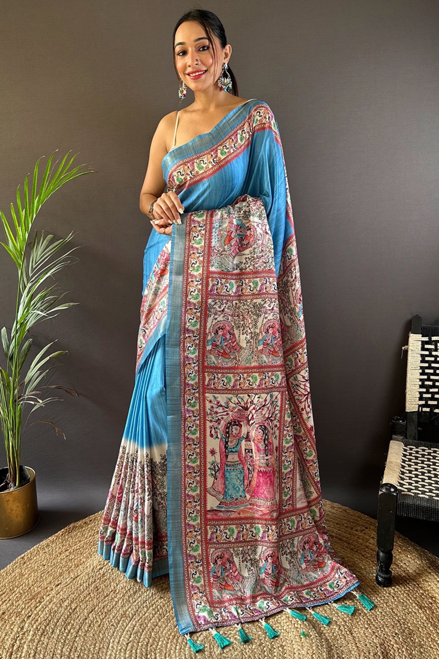 Picton Blue Madhubani Printed Tussar Silk Saree