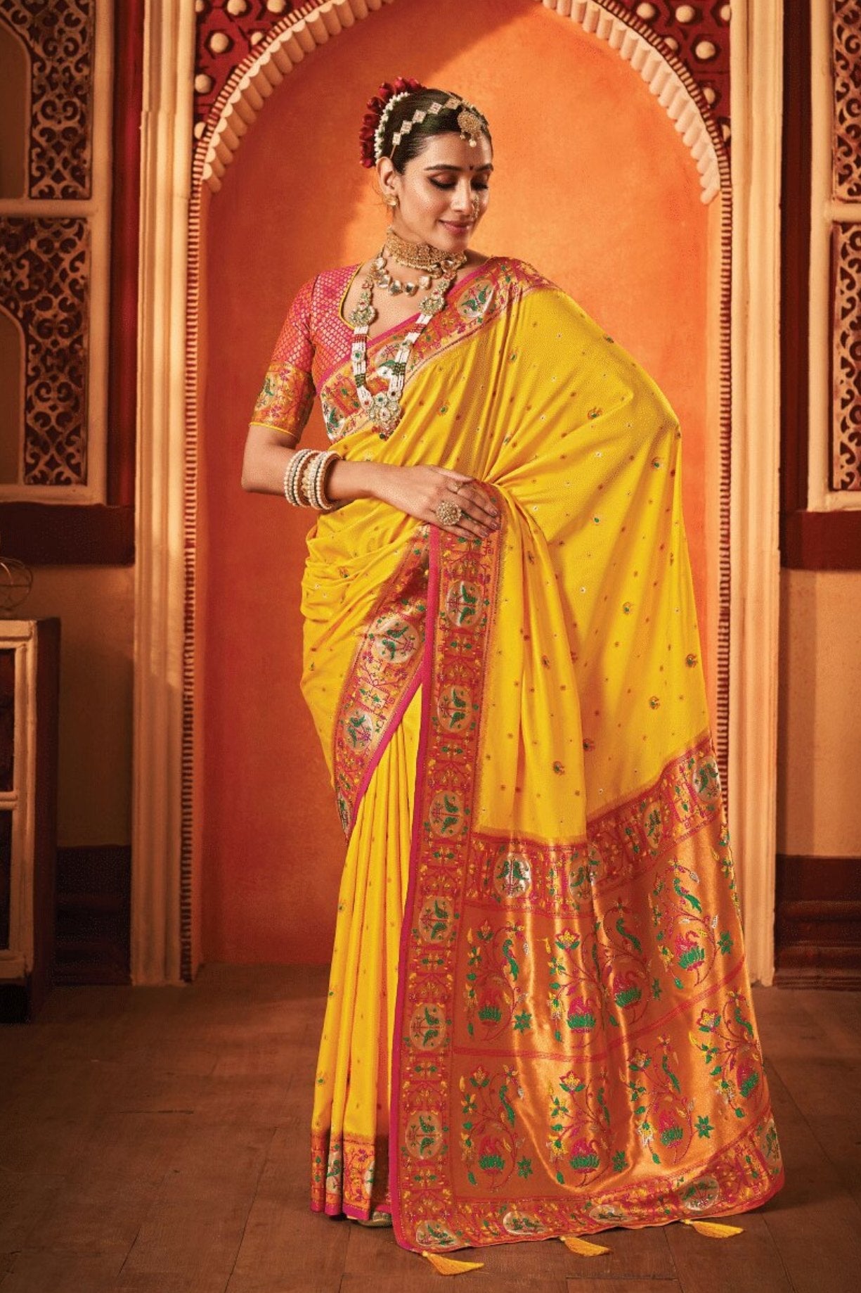 Fire Bush Yellow Woven Paithani Saree