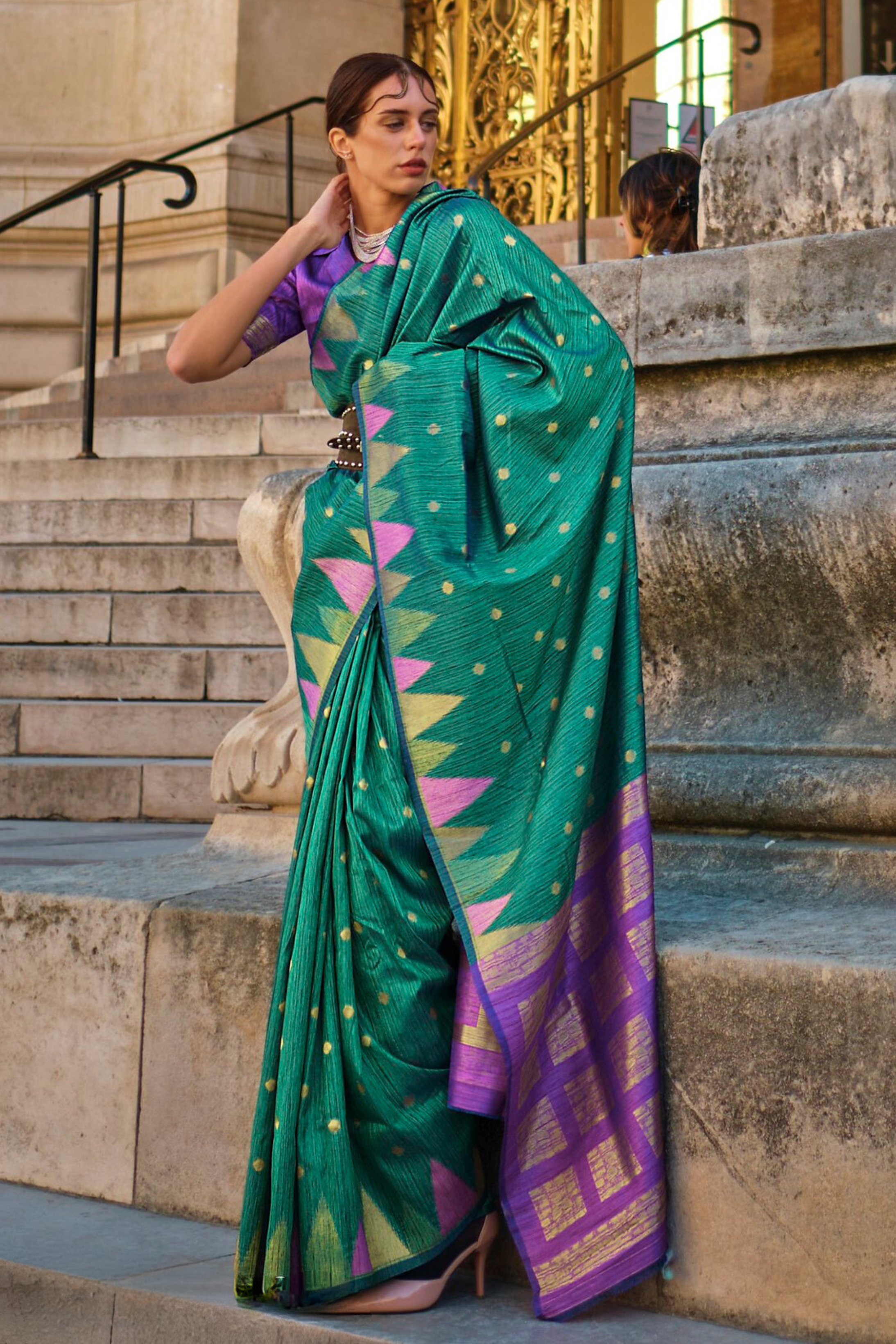 Sea Green South Tussar Temple Border Silk Saree