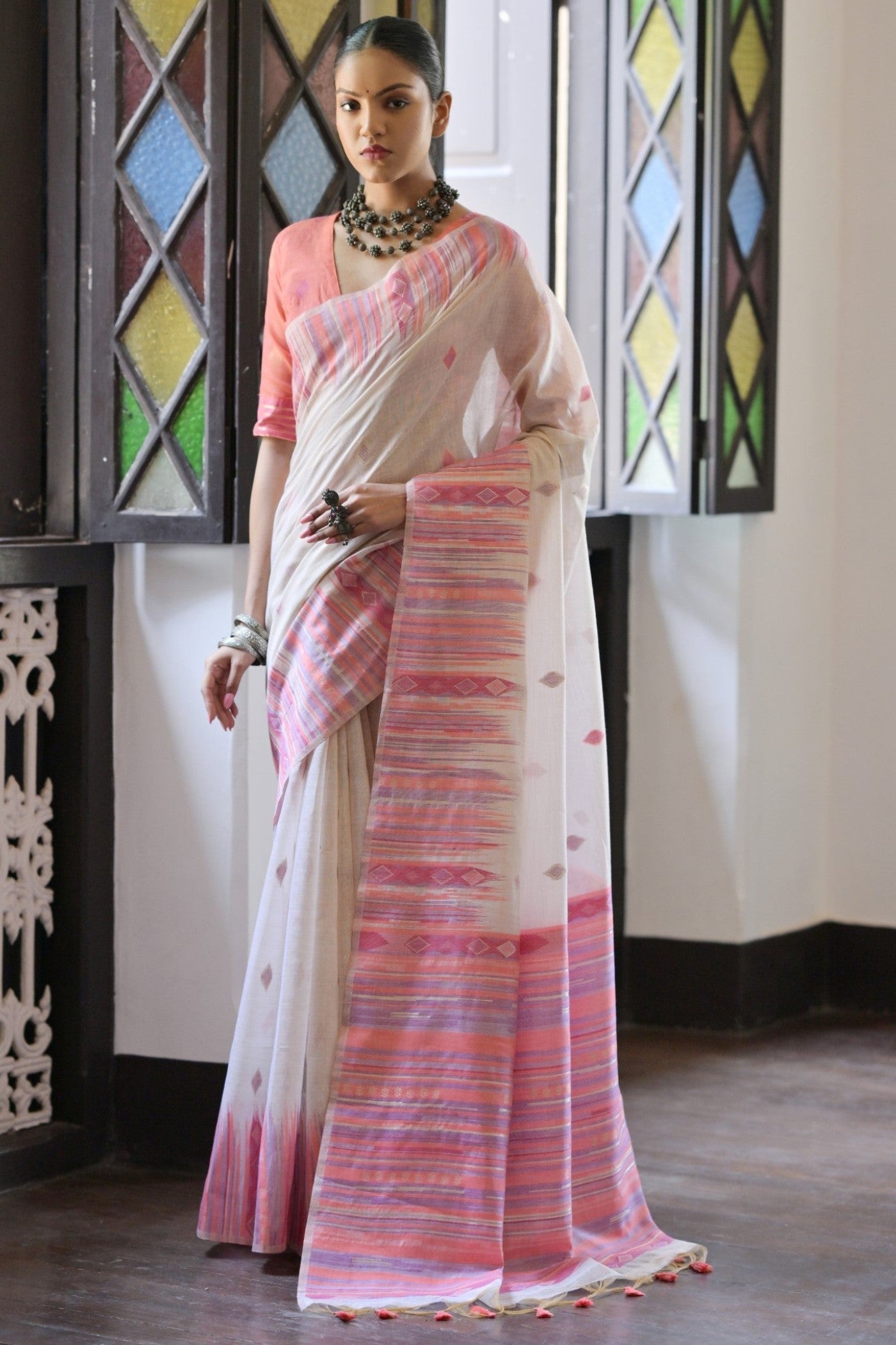 Snow White and Pink Muga Cotton Saree