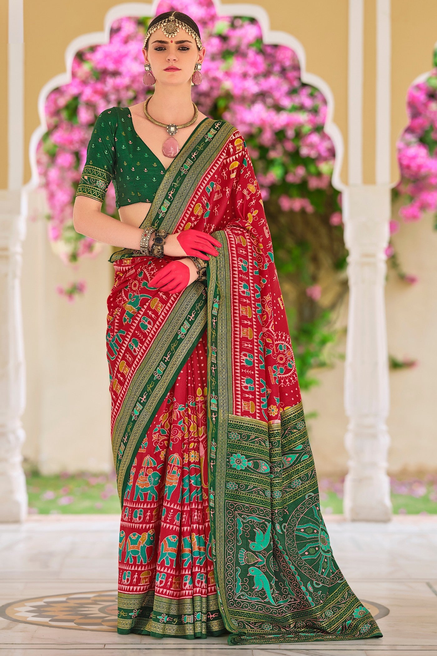 Chilly Red and Green Printed Patola Saree