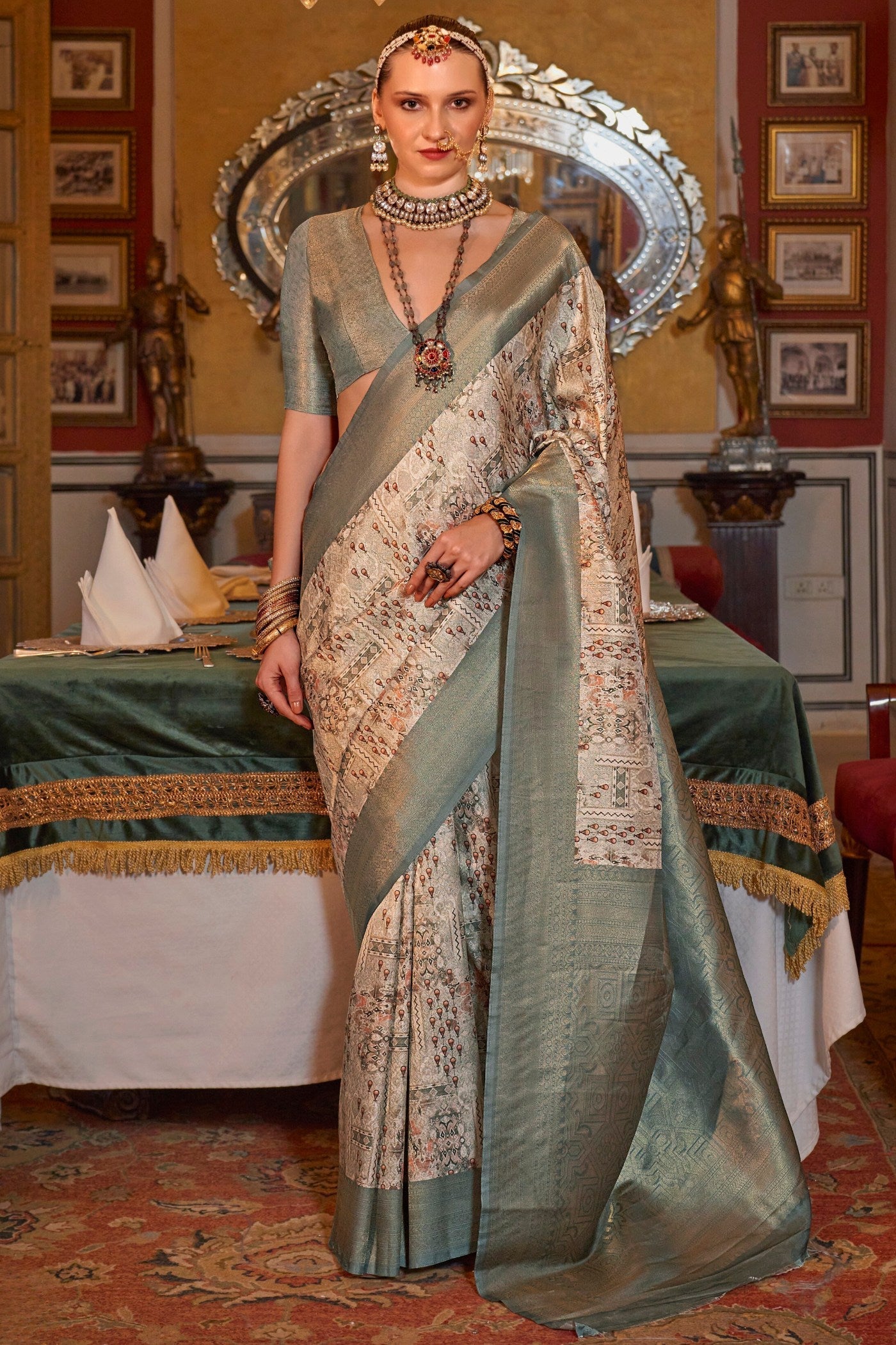 Locust Cream and Green Banarasi Digital Printed Saree