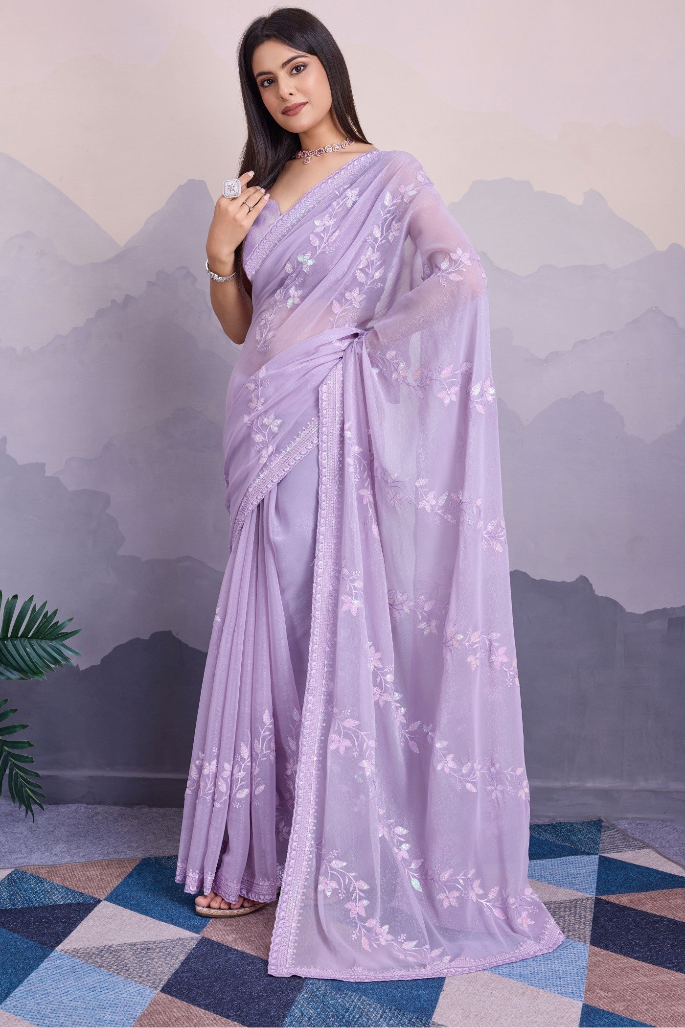 Lavender Flower Embroidered Designer Chiffon Saree