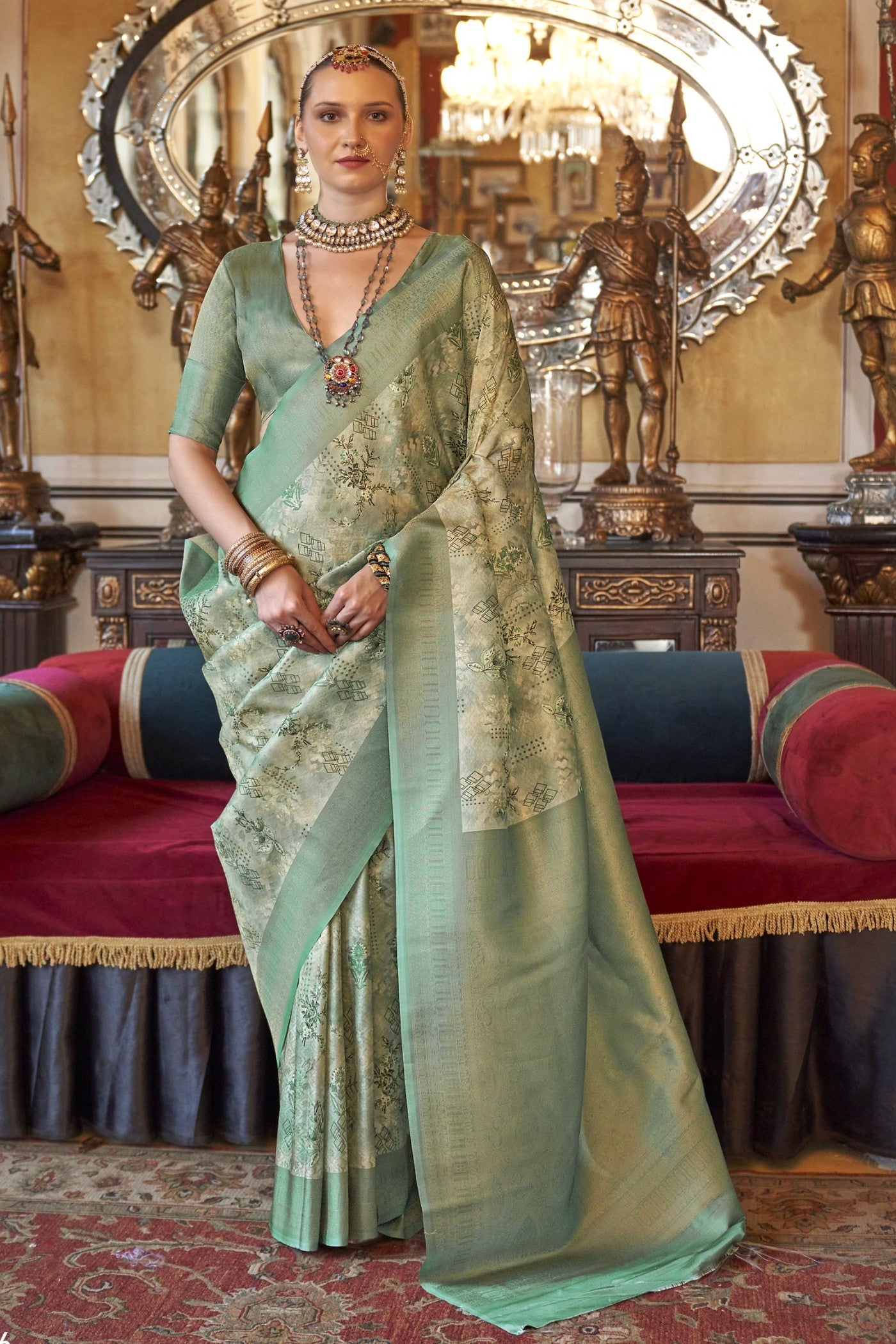 Hillary Green Tussar Banarasi Digital Printed Saree