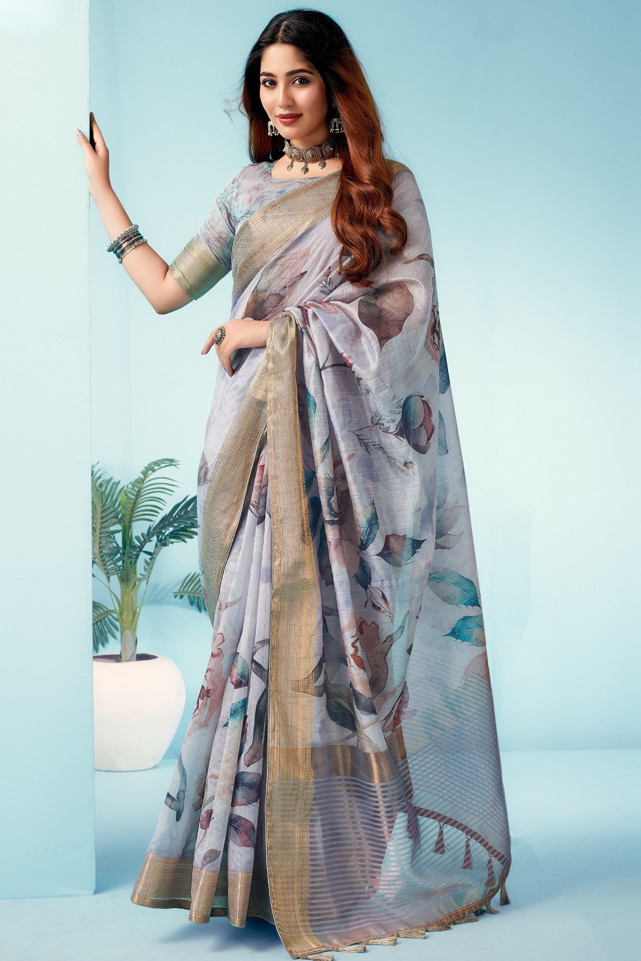 Gull Grey Floral Linen Saree