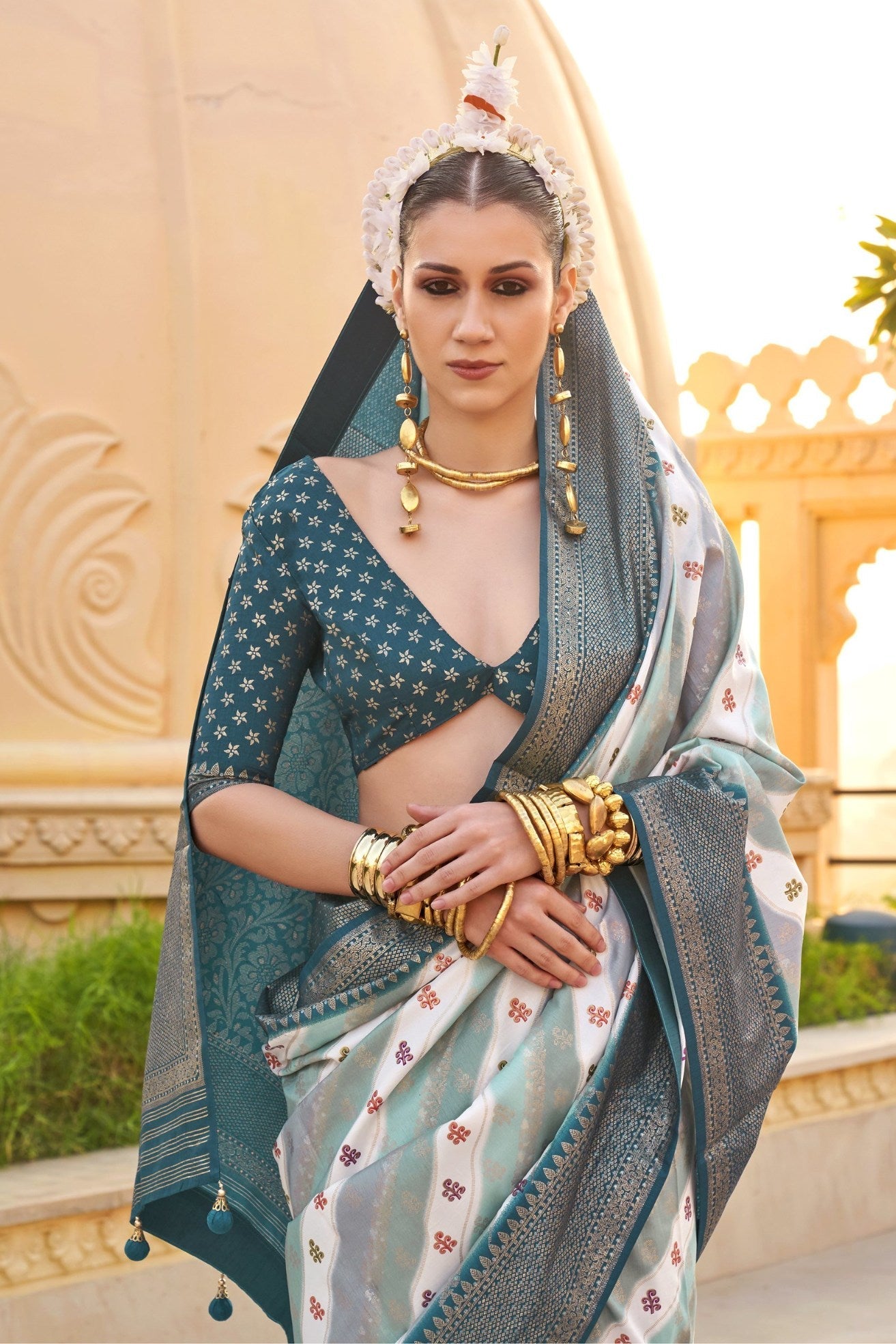 Corduroy Grey Woven Patola Printed Silk Saree