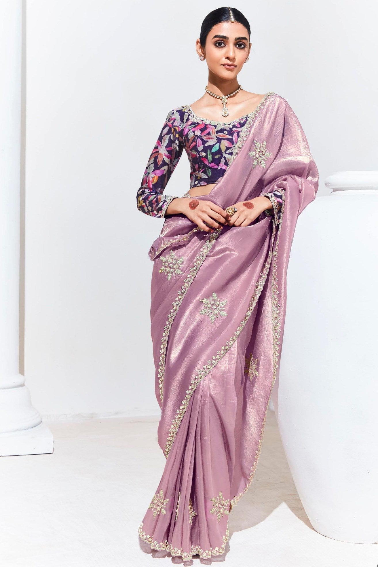 Careys Pink Tissue Organza Designer Partywear Saree