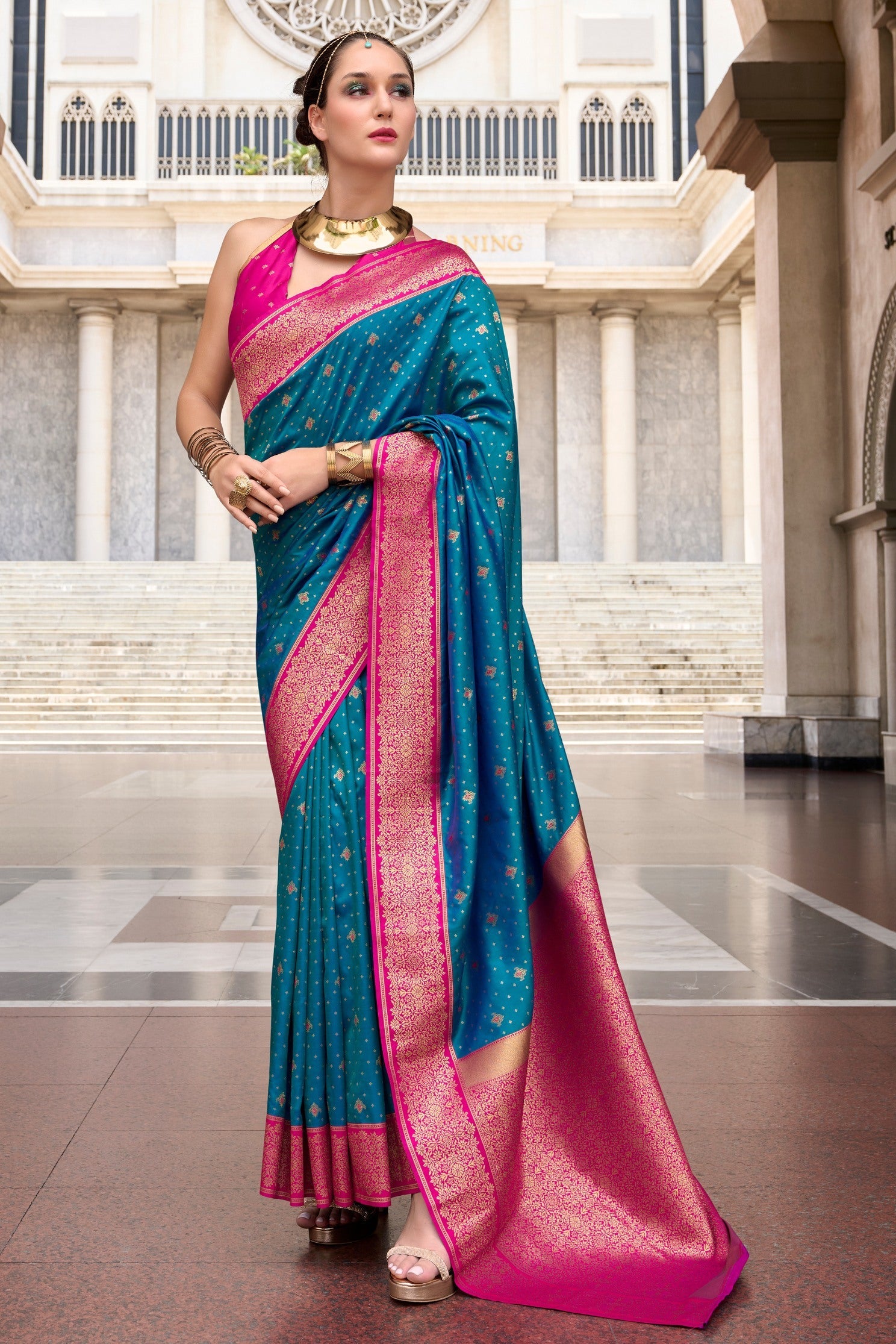 Metallic Blue Zari Woven Banarasi Soft Silk Saree