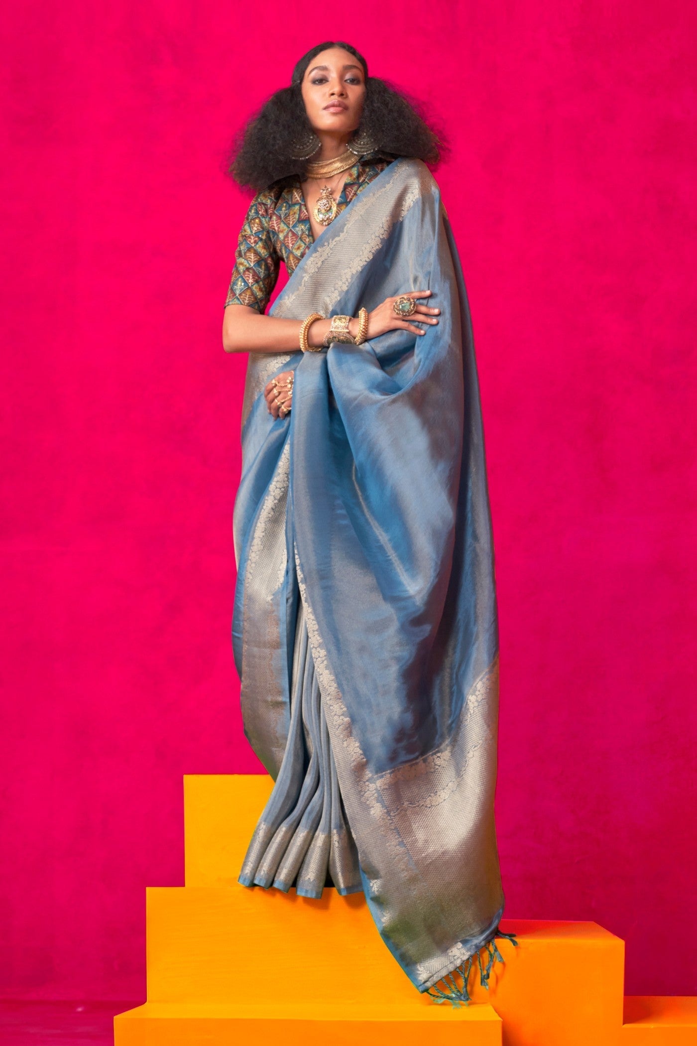 Blue Pearl Tissue Silk Saree