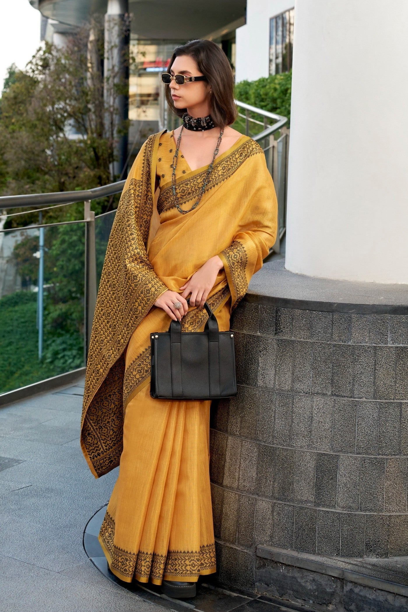 Cadmium Yellow Linen Tissue Silk Saree