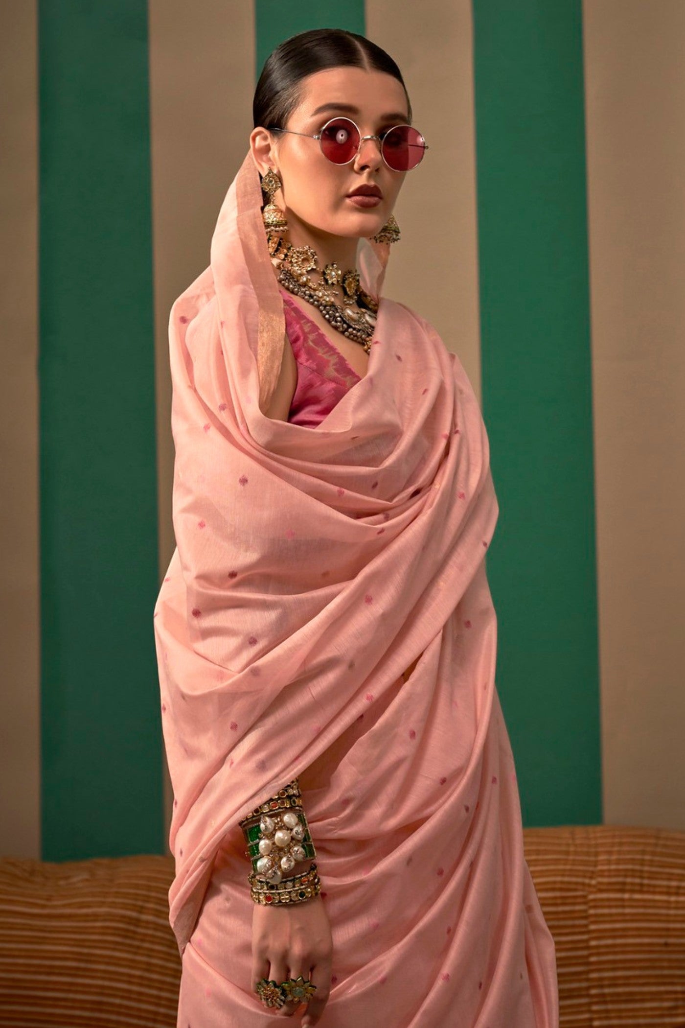 Contessa Peach Handloom Linen Saree