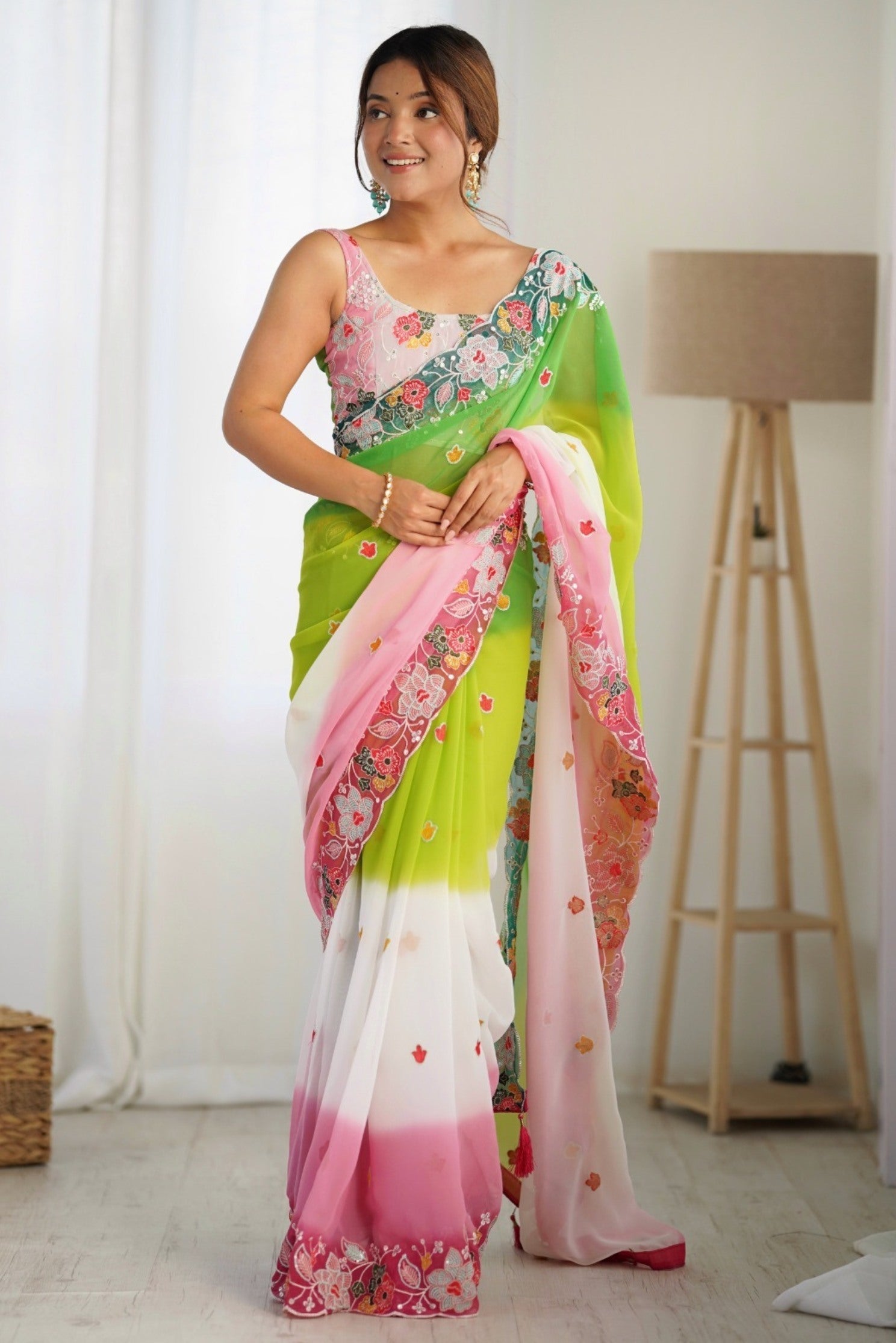 Parrot Green and White Georgette Saree