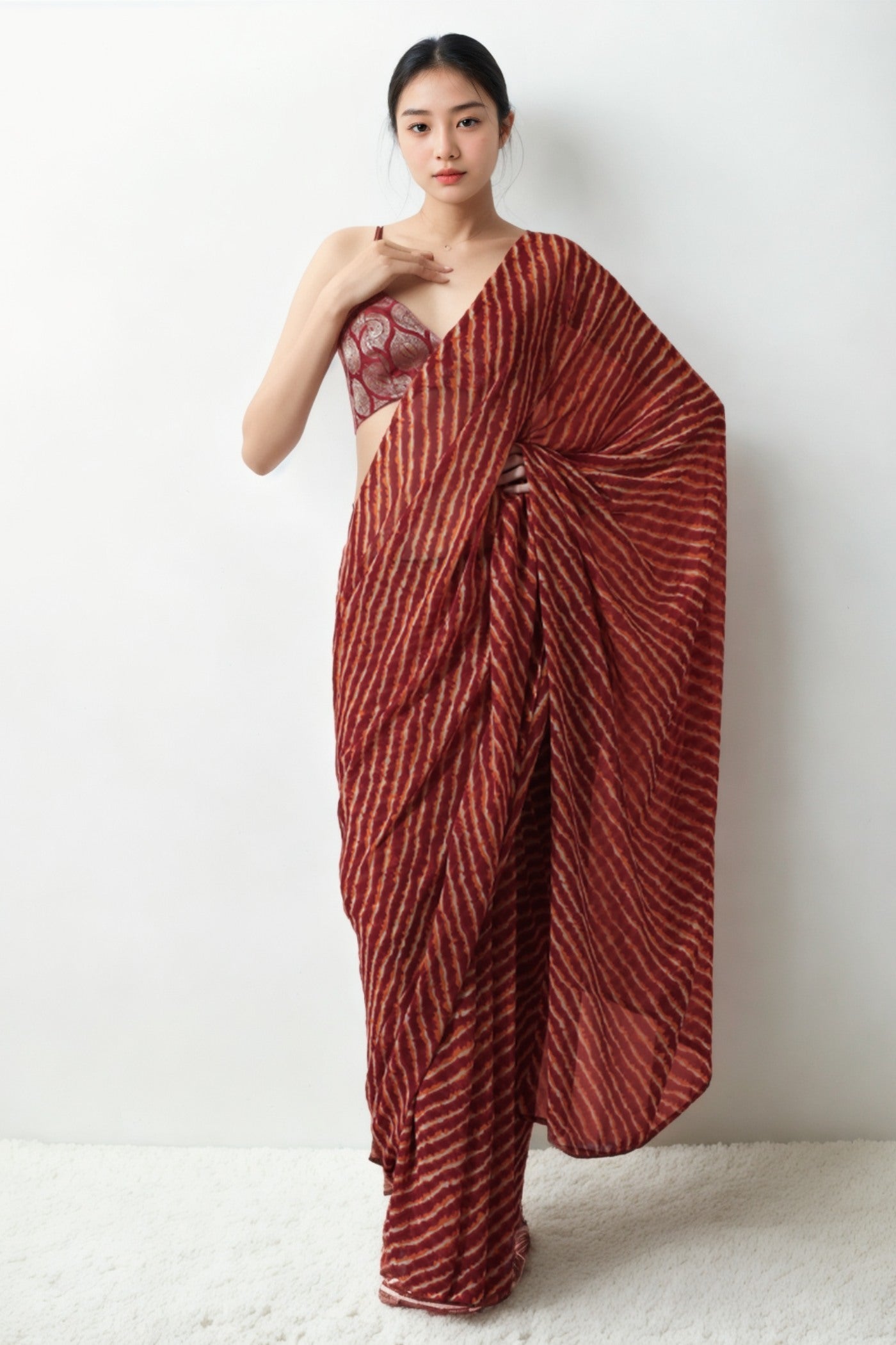 Mocca Maroon Marbel Chiffon Ready To Wear Saree