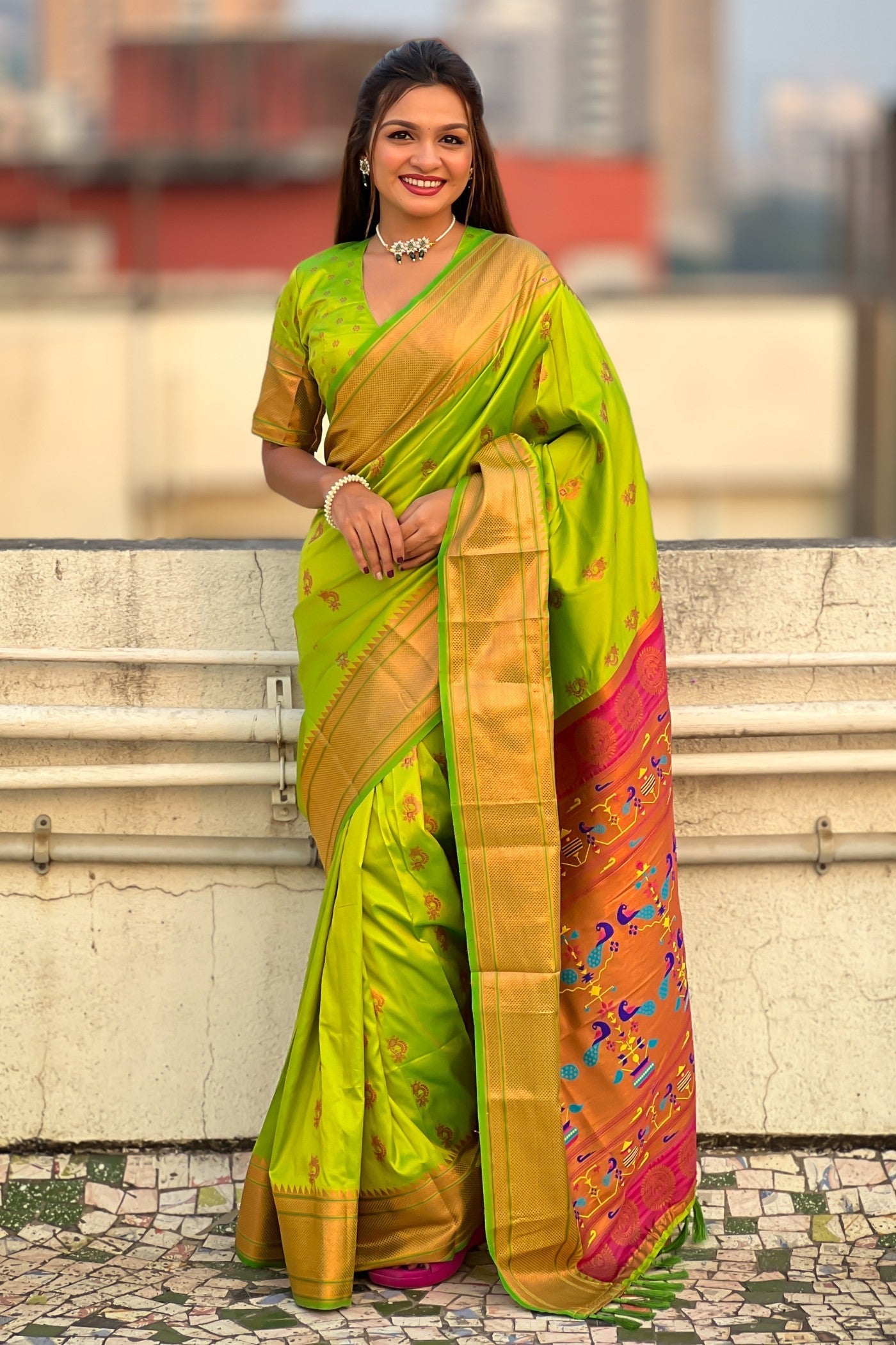 Parrot Green Zari Woven Nath Paithani Saree