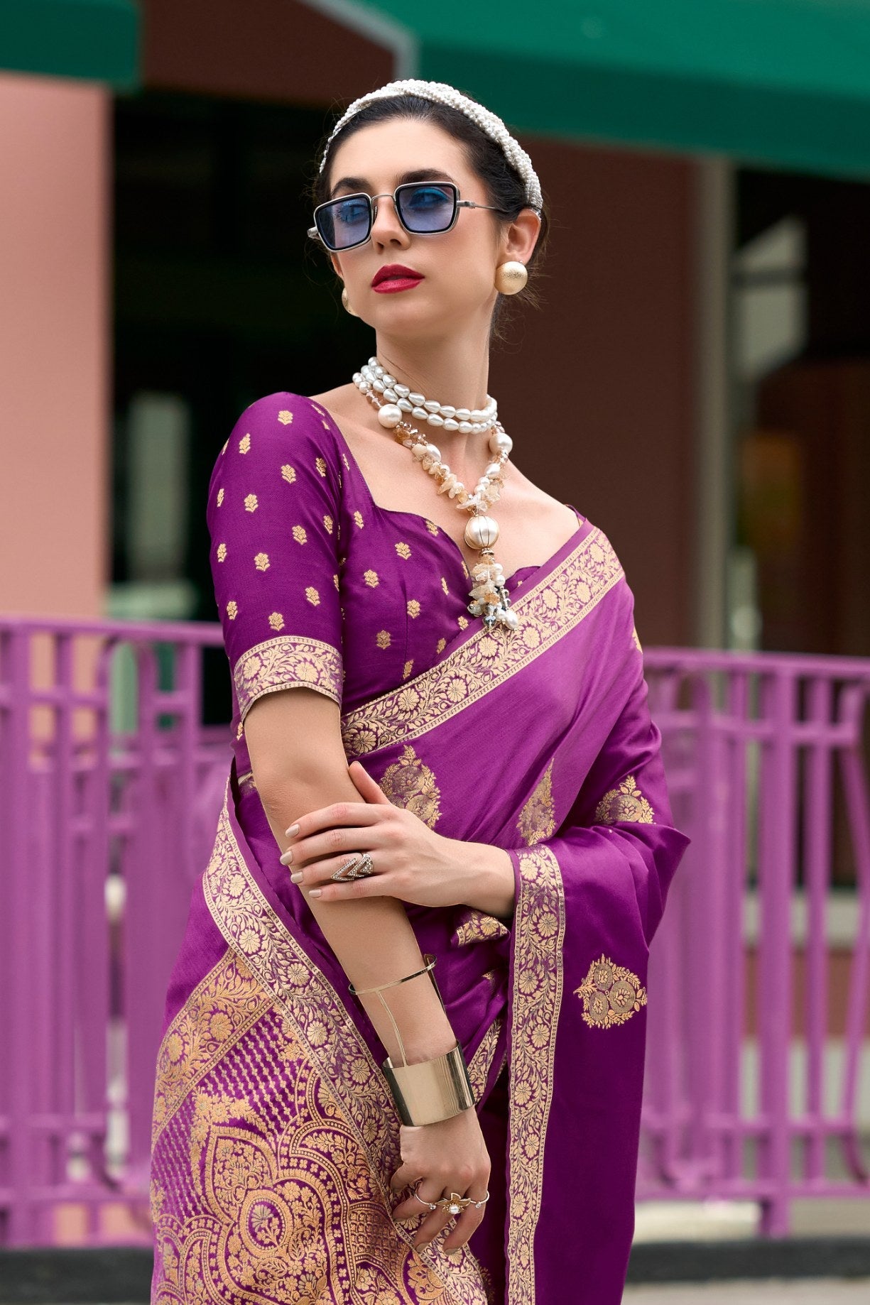 Midnight Pearl Purple Banarasi Handloom Satin Saree