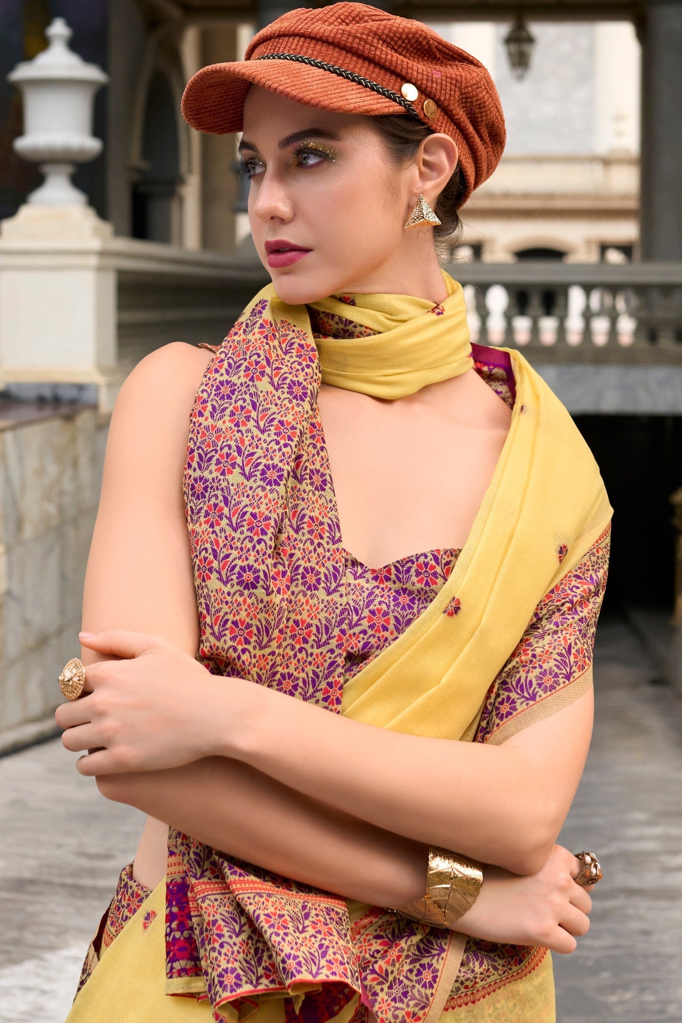 Apache Yellow Handloom Linen Cotton Saree