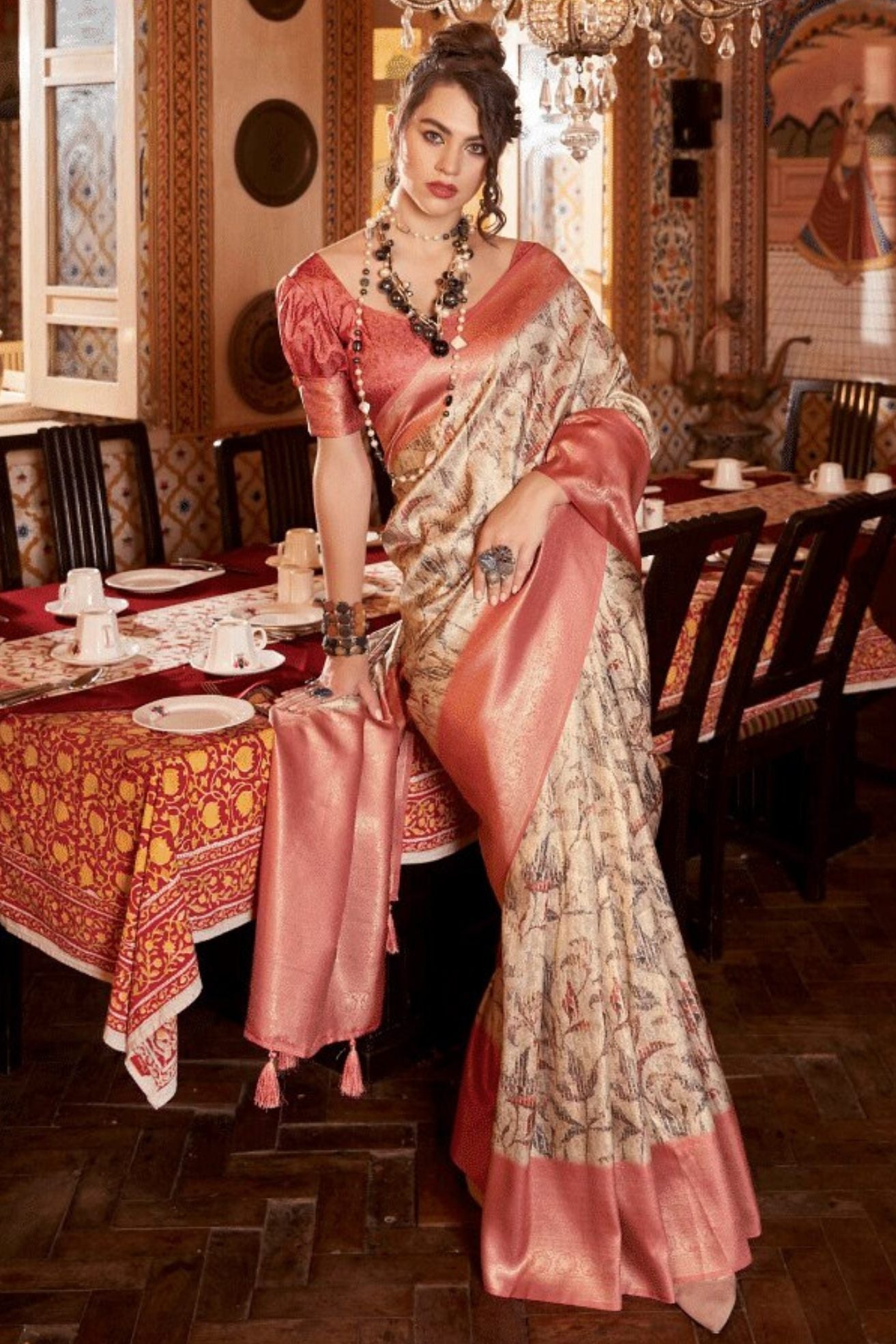 Copper Peach Banarasi Digital Printed Saree