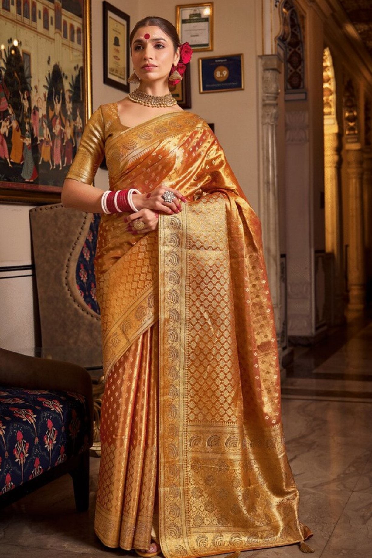 Raw Sienna Orange Zari Woven Banarasi Saree