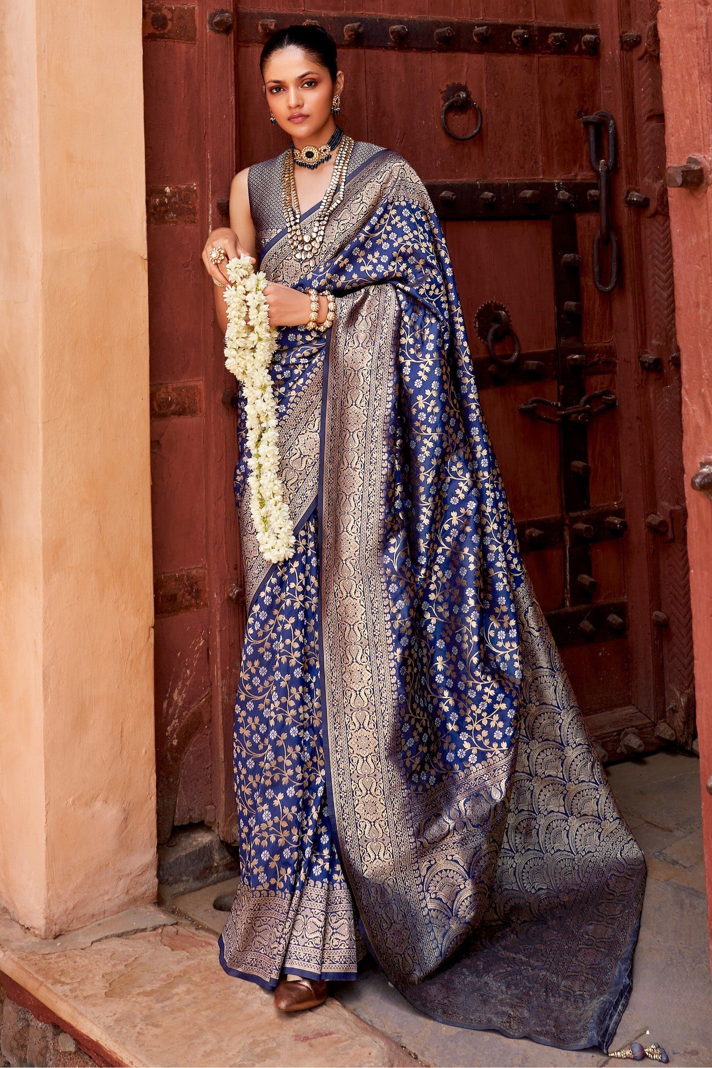 Dolphin Blue Woven Banarasi Saree