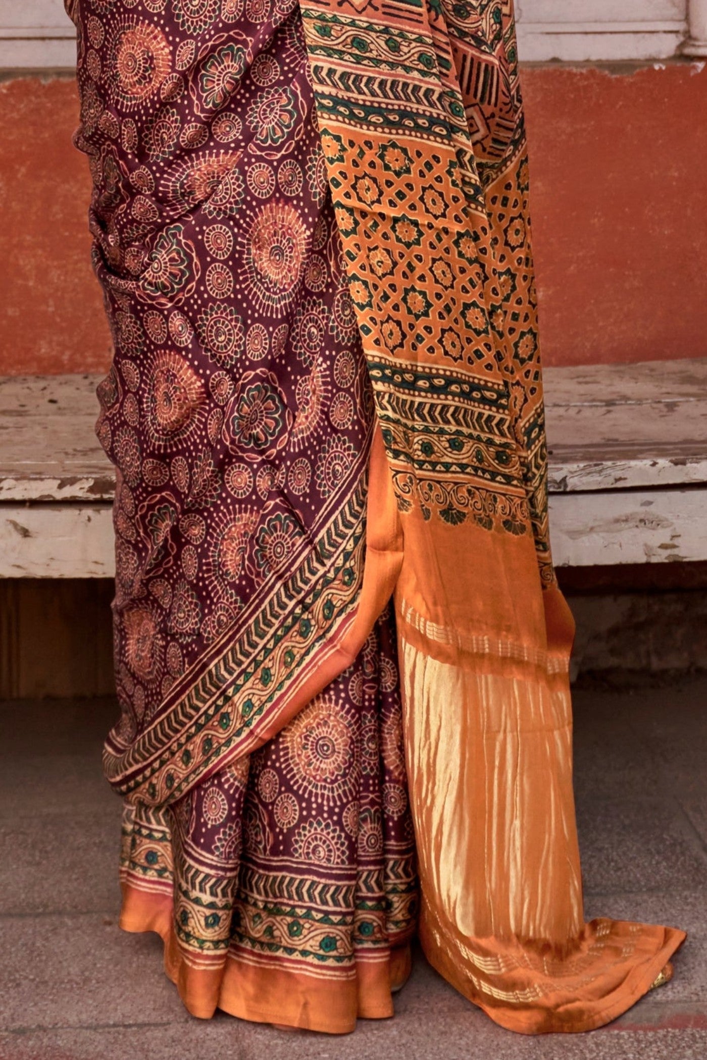 Coca Brown and Orange Ajrakh Handprinted Satin Saree