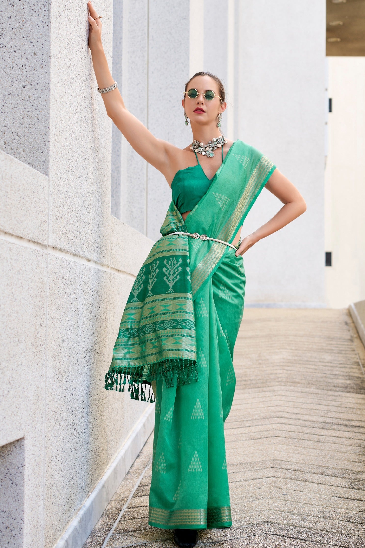 Funk Green Ikkat Woven Banarasi Saree