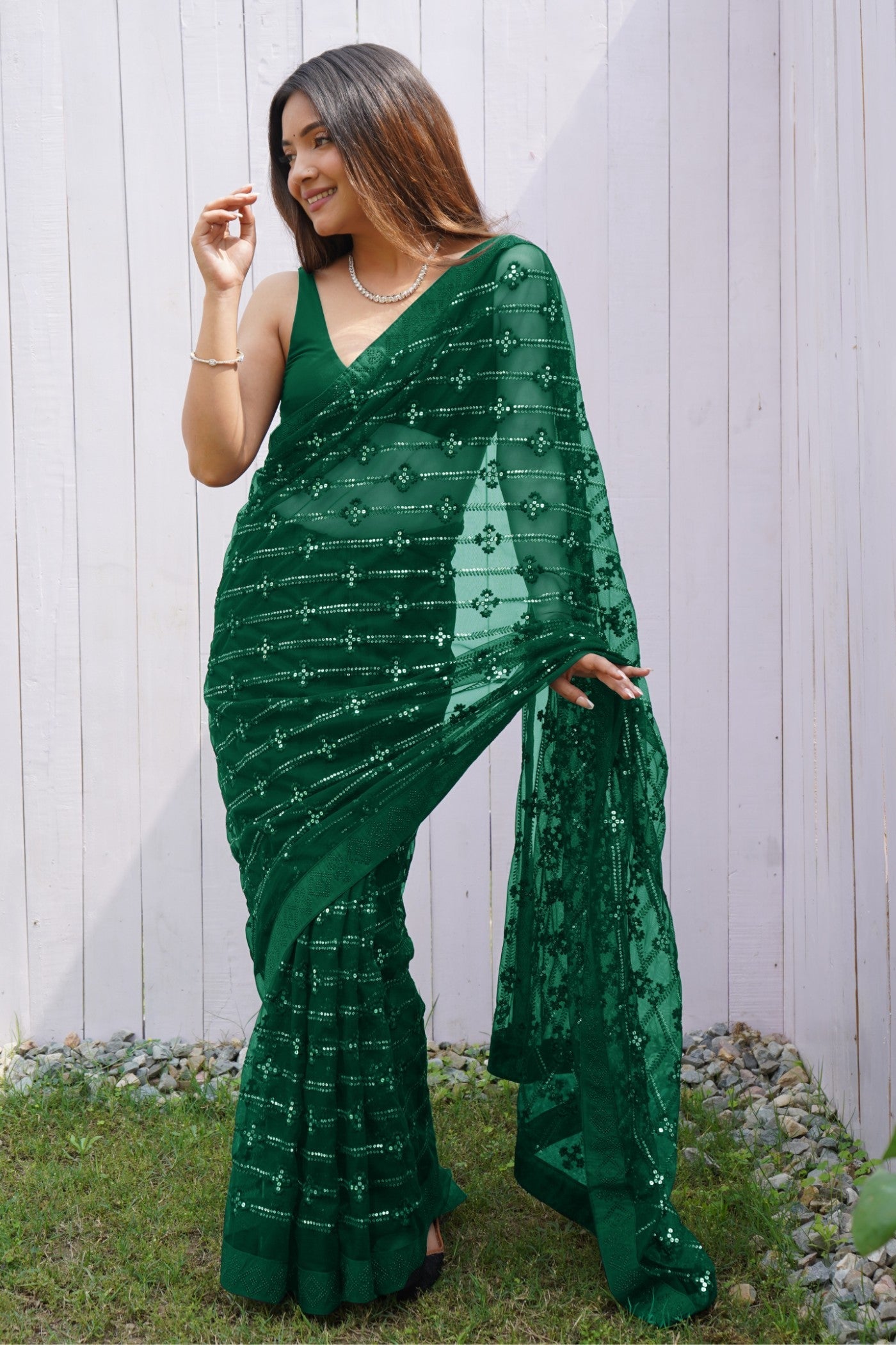 Dark Jugle Green Embroidered Partywear Saree