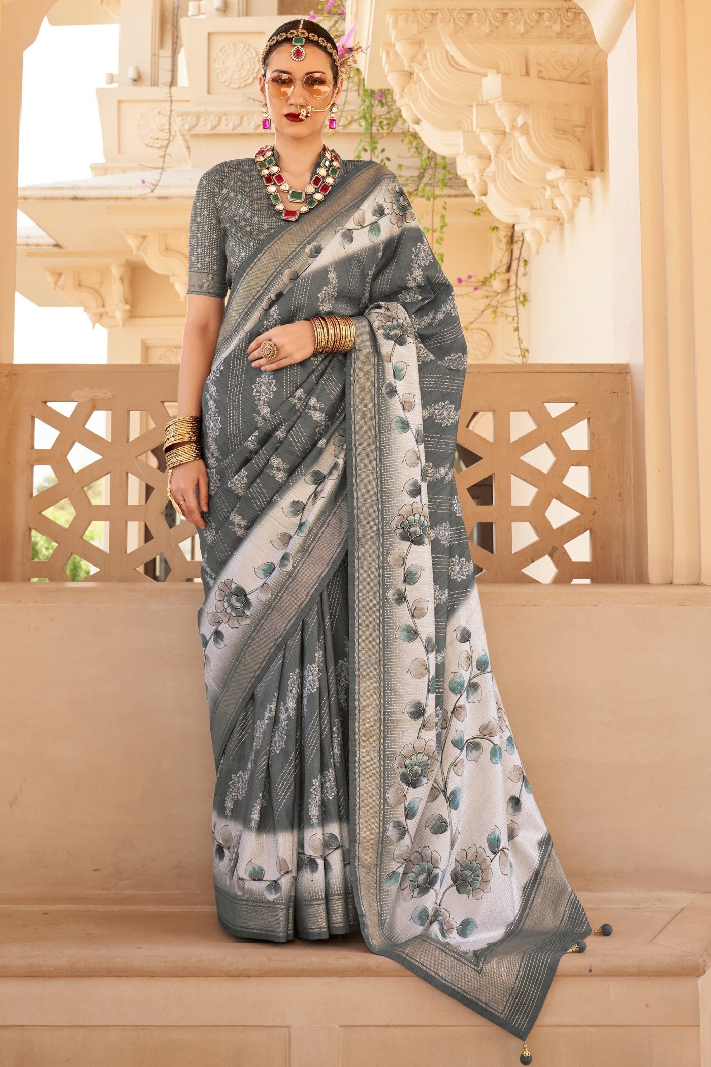 Ironside Grey Floral Printed Banarasi Saree