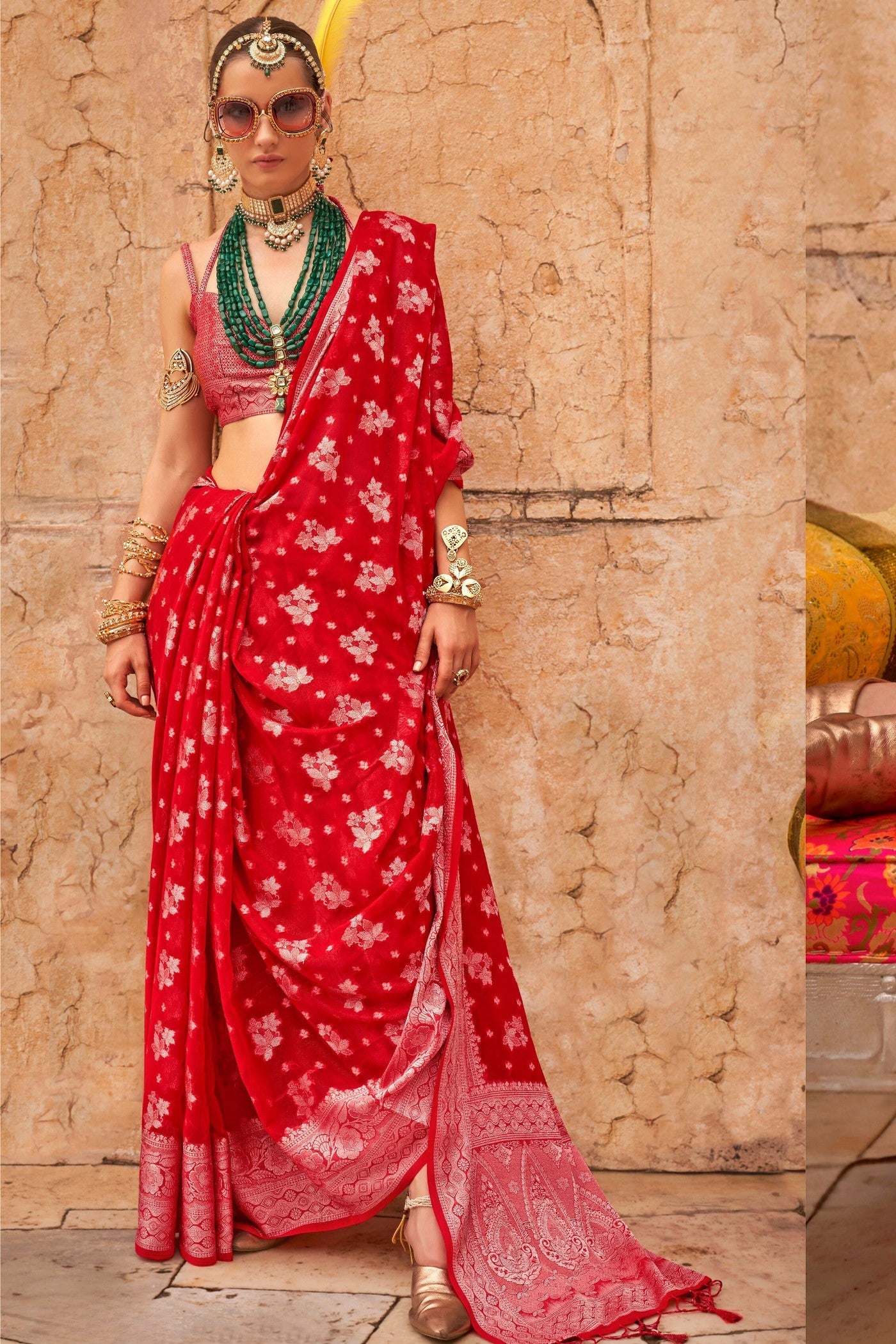 Thunderbird Red Zari Woven Georgette Saree