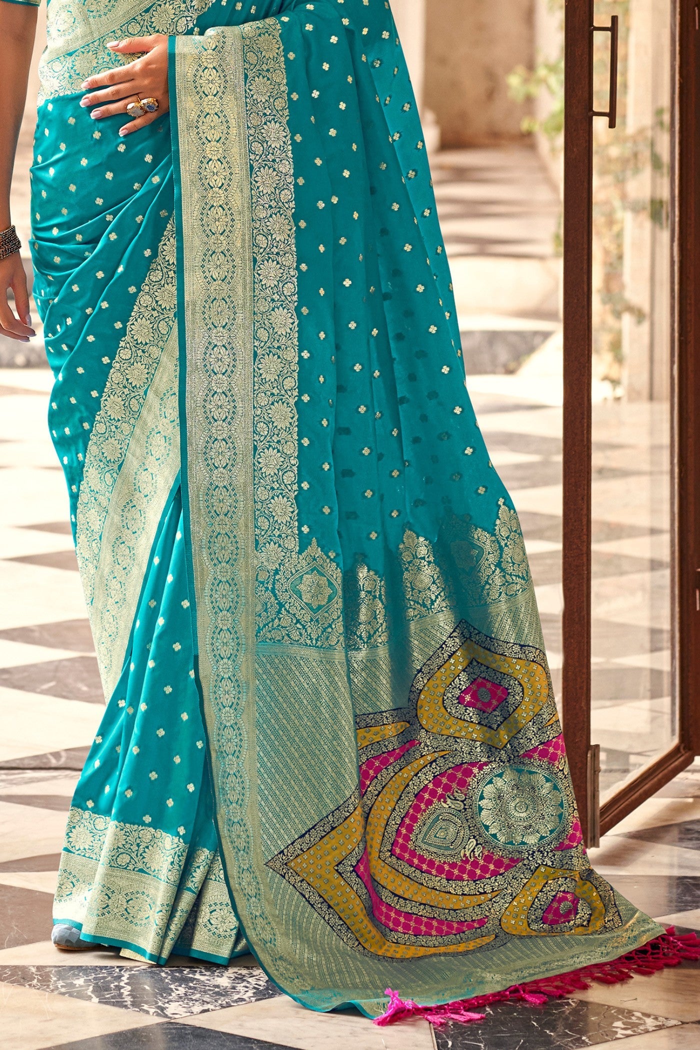 Boston Blue Woven Banarasi Soft Silk Saree