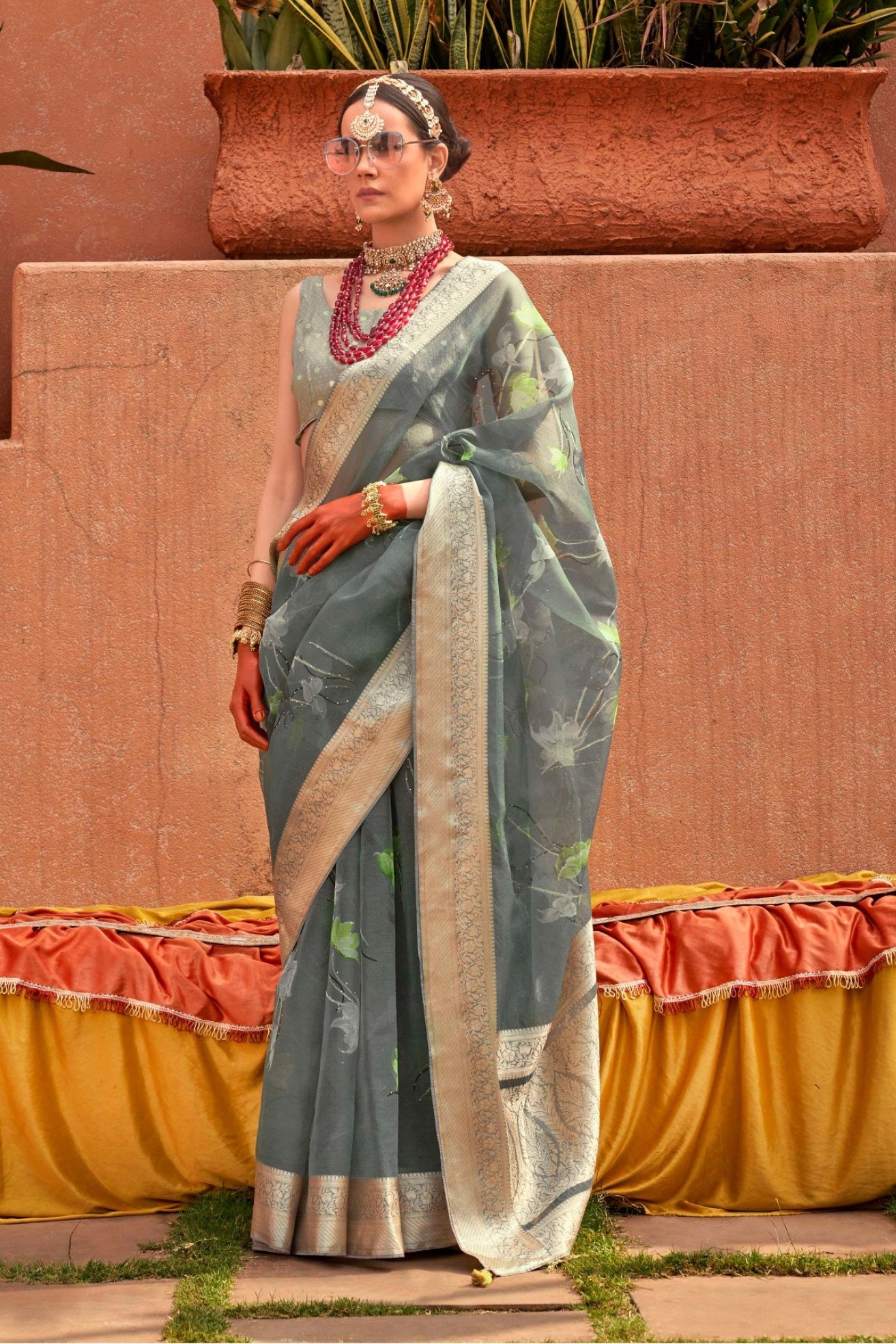 Oslo Grey Zari Woven Organza Saree