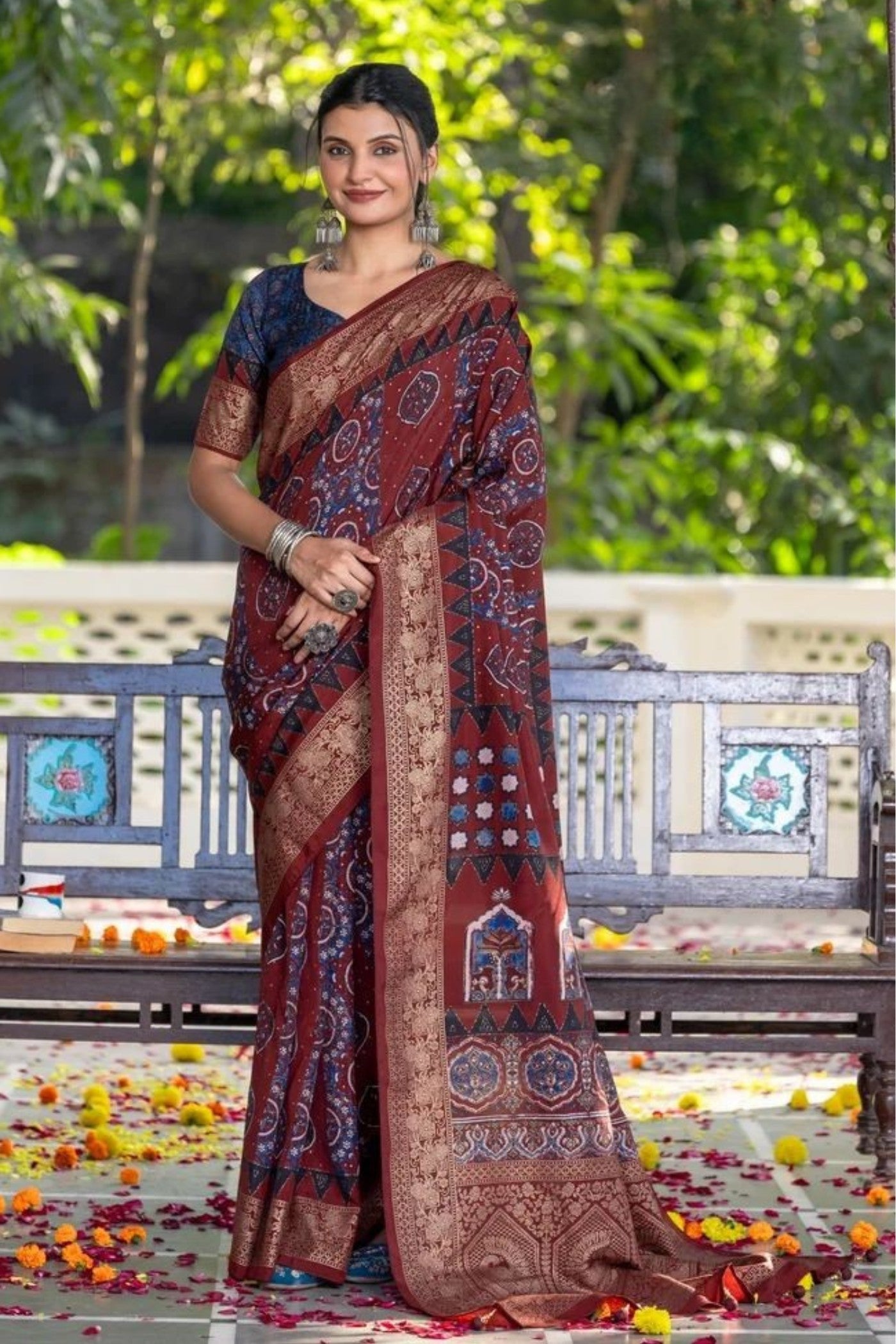 Walnut Brown Ajrakh Digital Printed Satin Saree