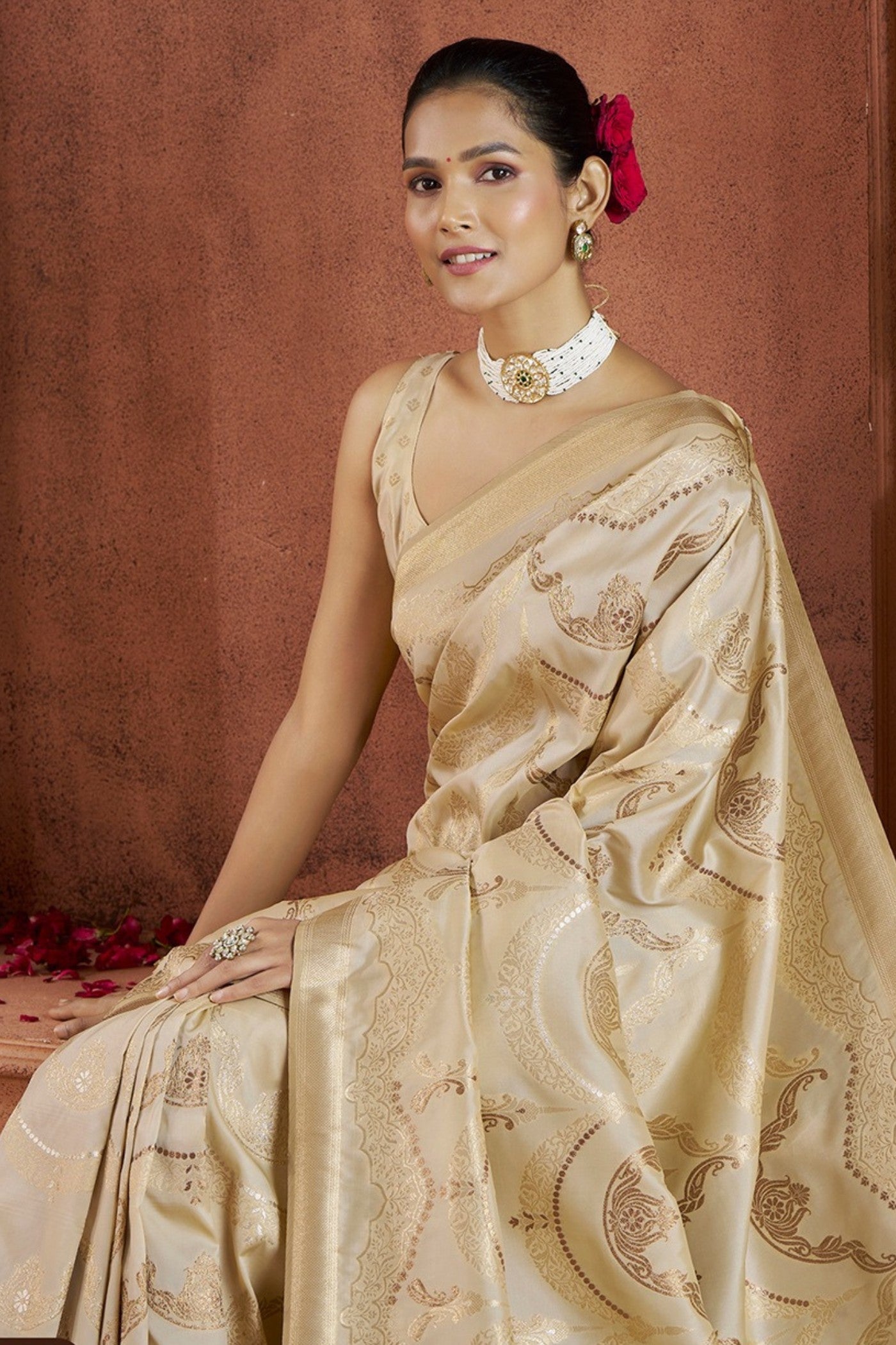 Cashmere Cream Woven Banarasi Saree