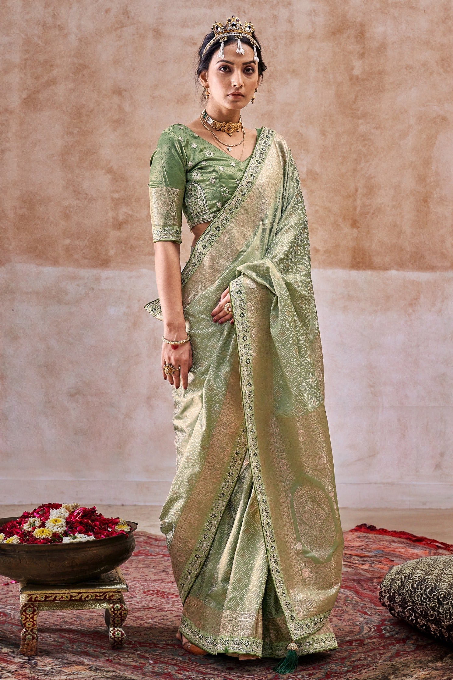 Pastel Green Embroidered Satin Silk Saree