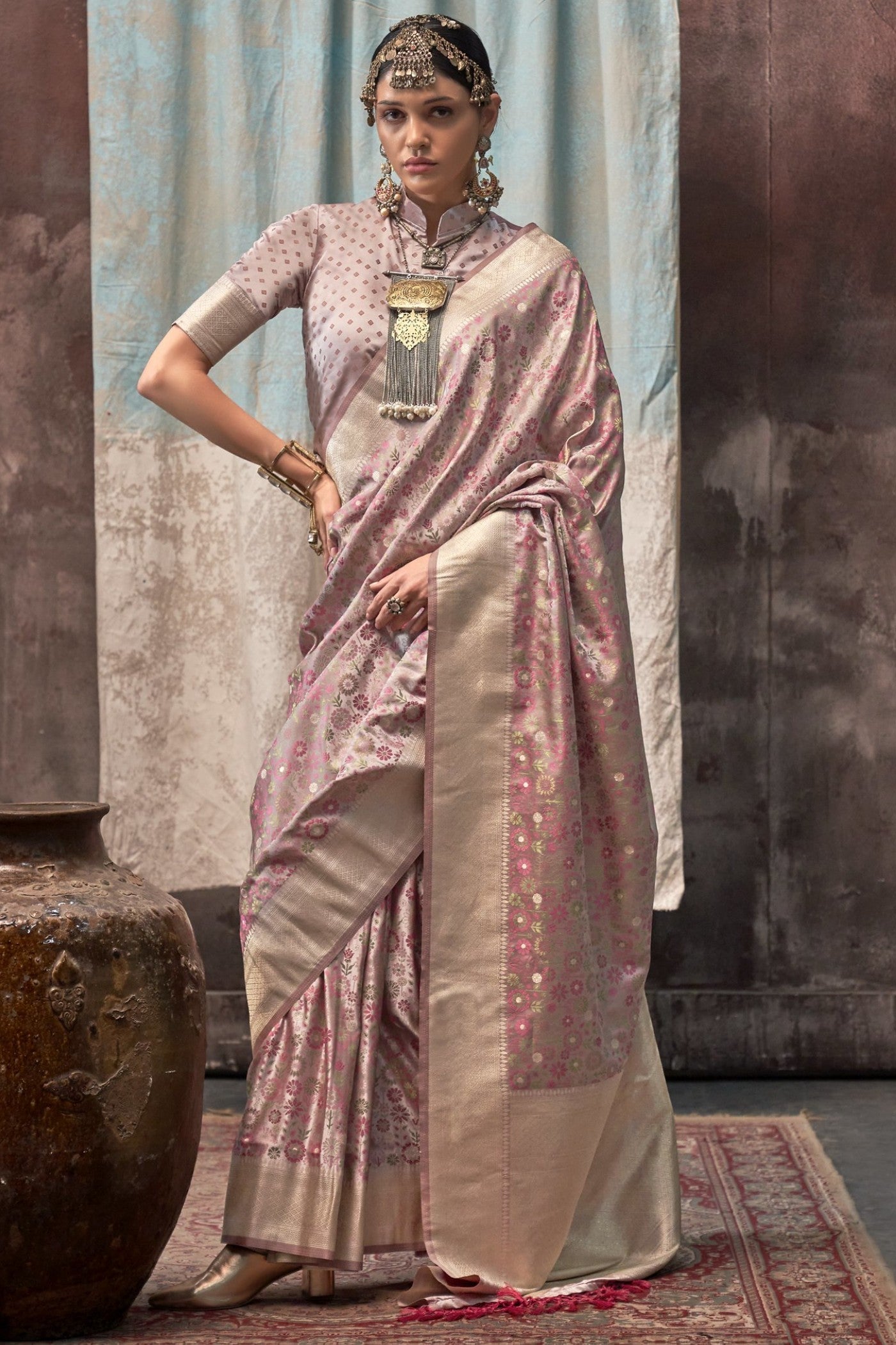 Brandy Rose Pink Banarasi Handloom Saree