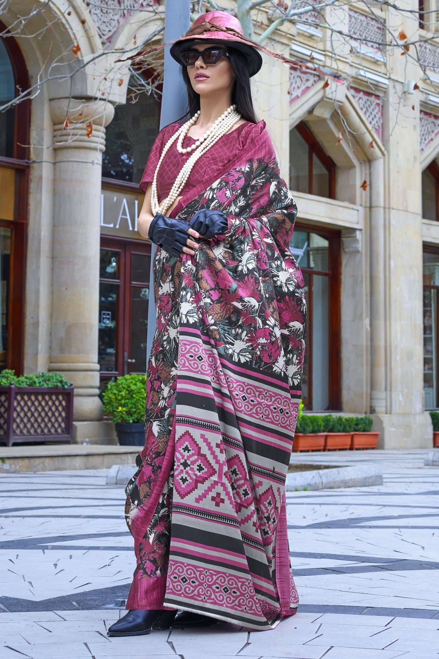 Berry Pink and Brown Printed Satin Crepe Silk Saree